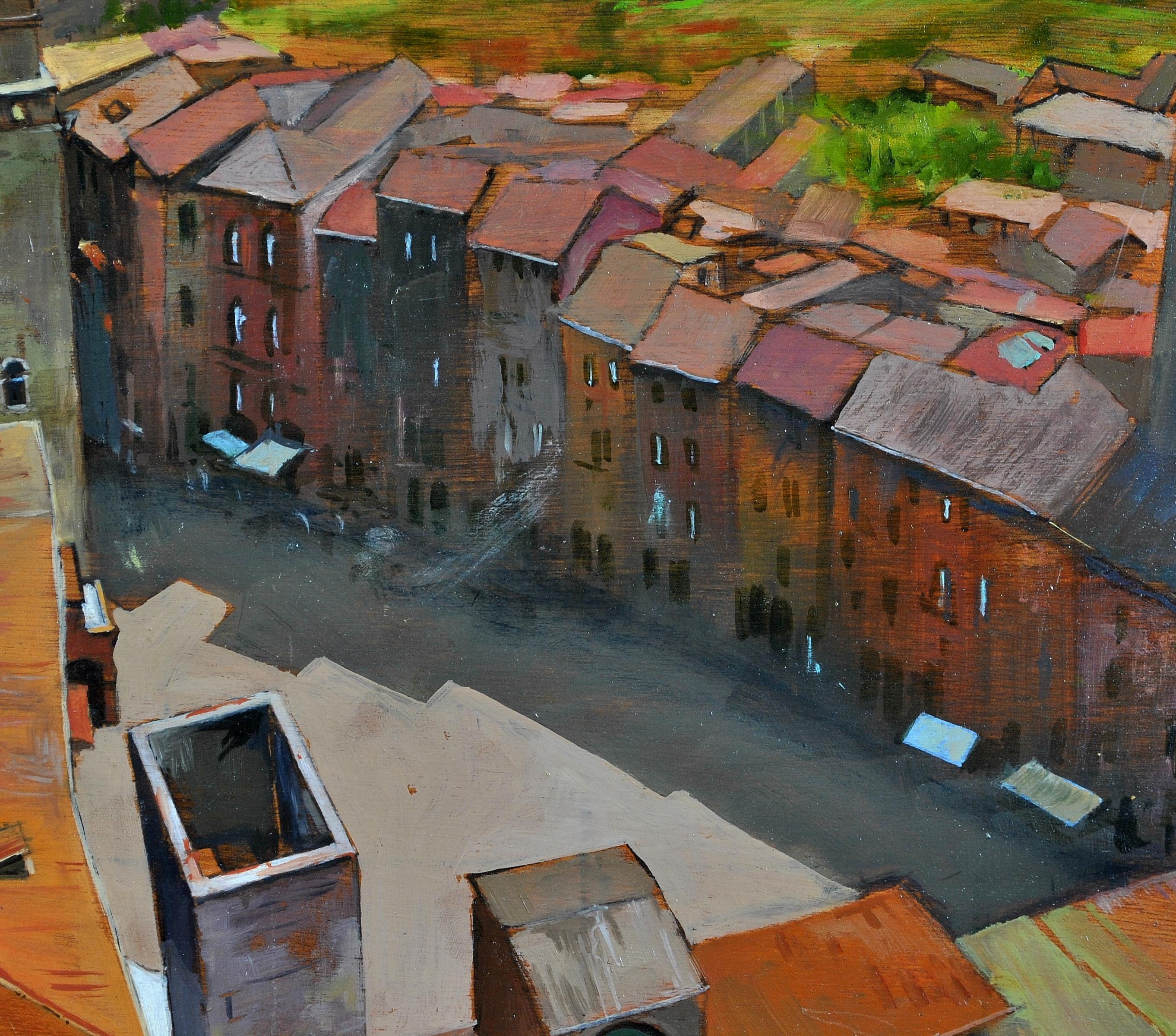 Peinture à l'huile italienne de La Piazza, San Gimignano, Sienne, Toscane, Italie en vente 2