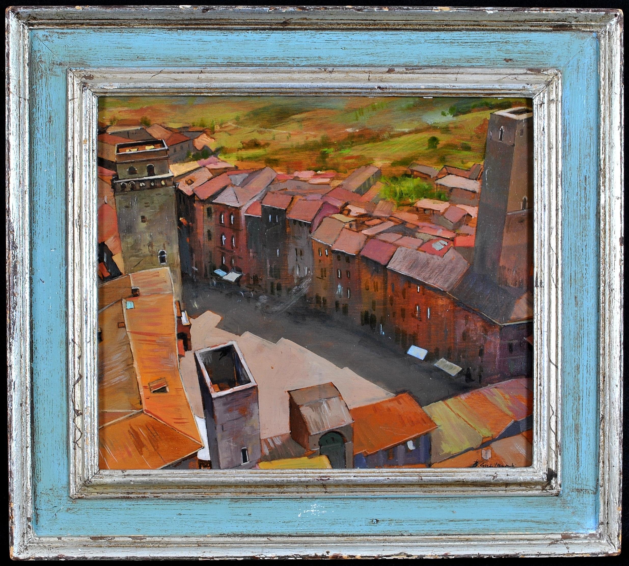 Landscape Painting Bruno Guaitamacchi - Peinture à l'huile italienne de La Piazza, San Gimignano, Sienne, Toscane, Italie