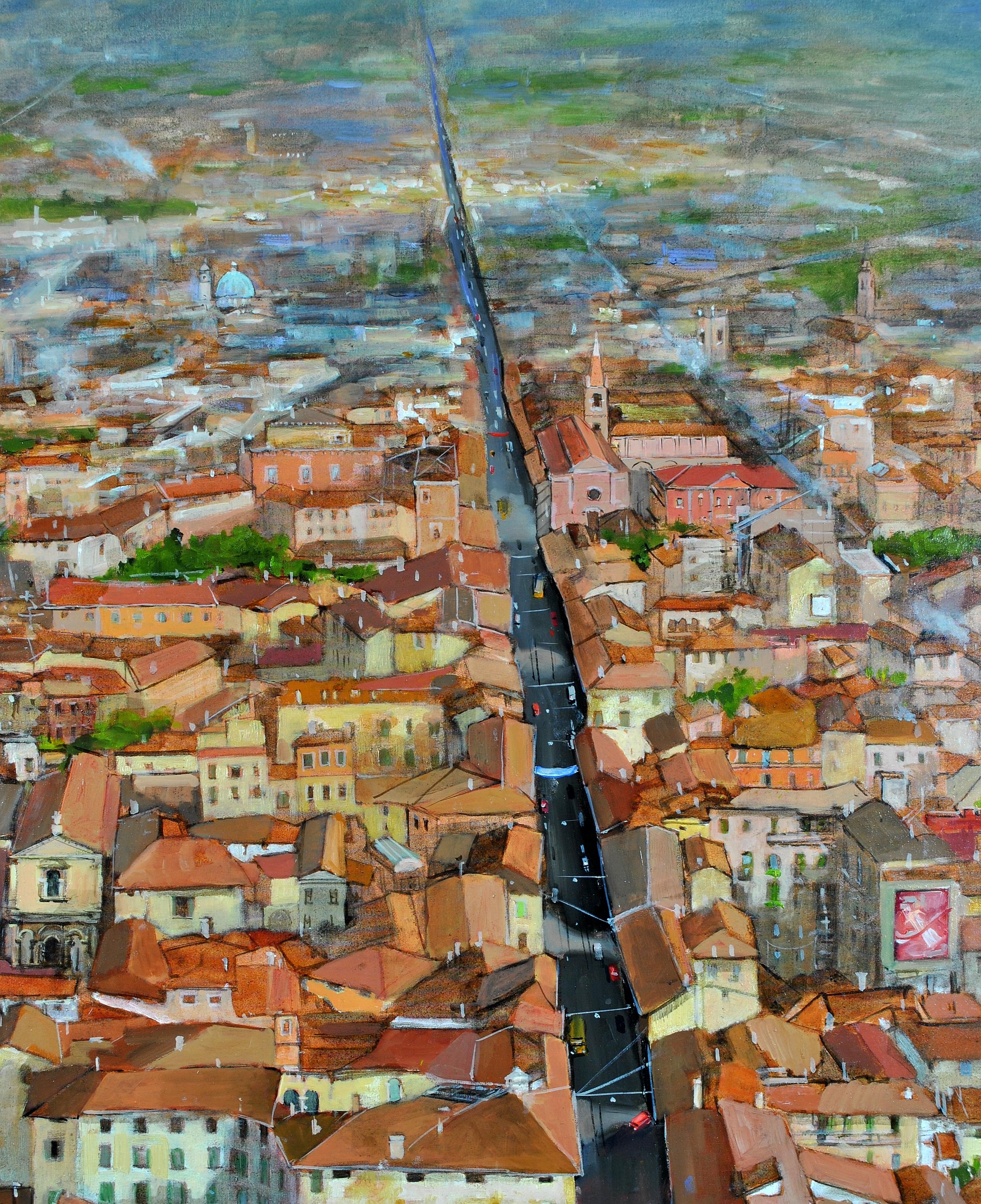 A beautiful large oil on canvas cityscape depicting the surrounds of La Via Emilia in Bologna, Northern Italy, by Bruno Guaitamacchi. Excellent quality large scale work, signed lower right and presented in a distressed painted and silvered frame.
