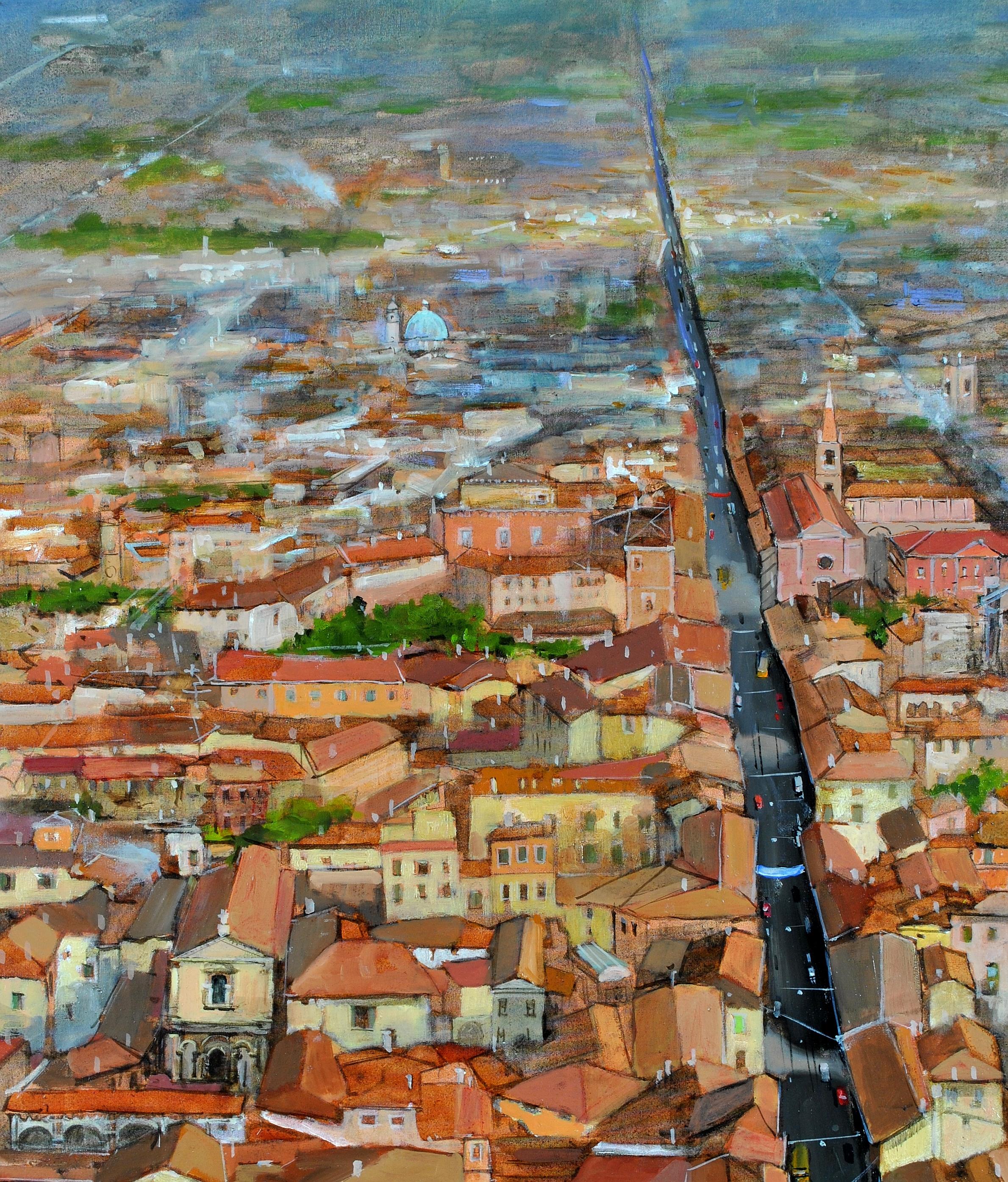 La Via Emilia a Bologna - Large Northern Italy Italian City Scape Oil Painting For Sale 1