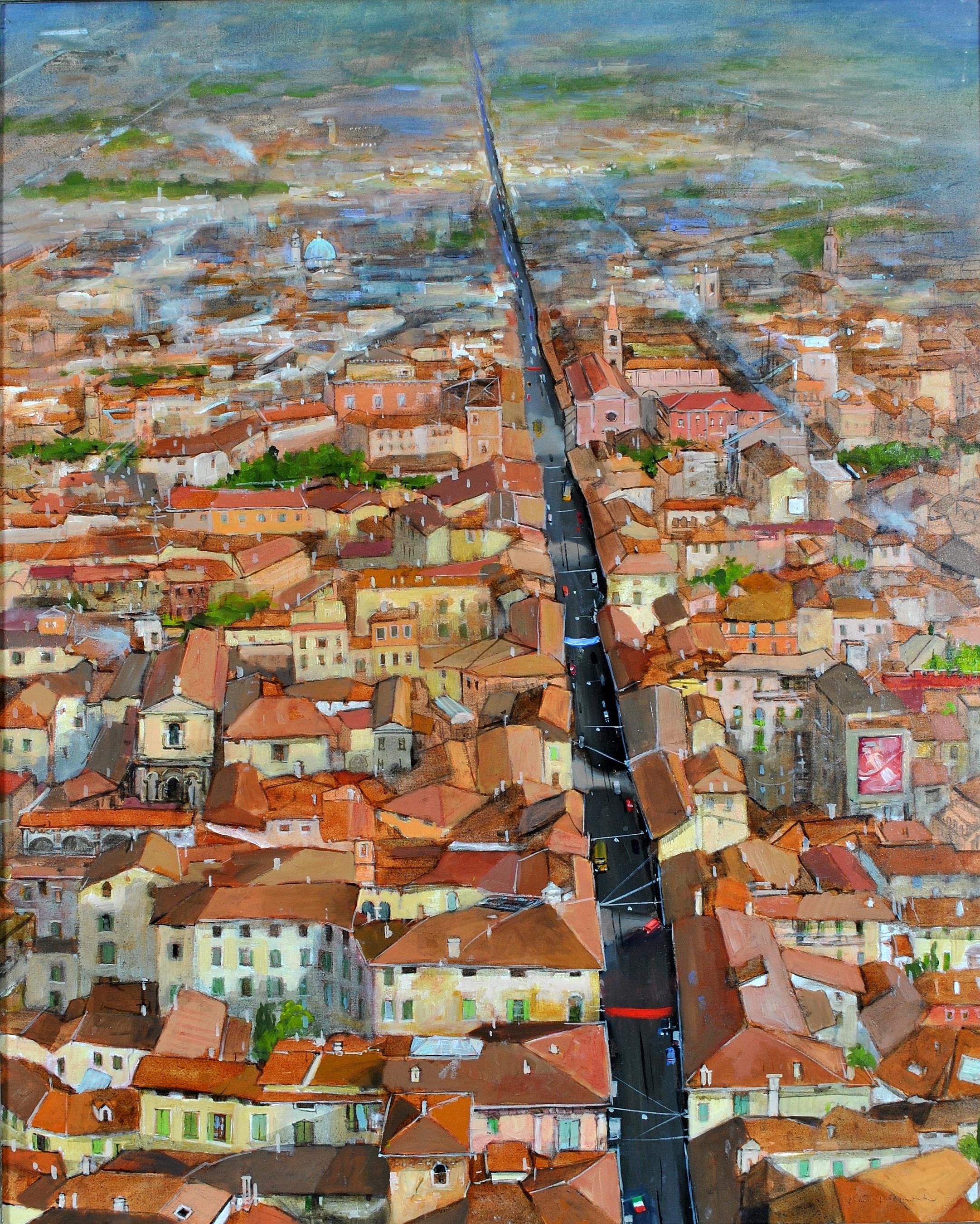Bruno Guaitamacchi Landscape Painting - La Via Emilia a Bologna - Large Northern Italy Italian City Scape Oil Painting