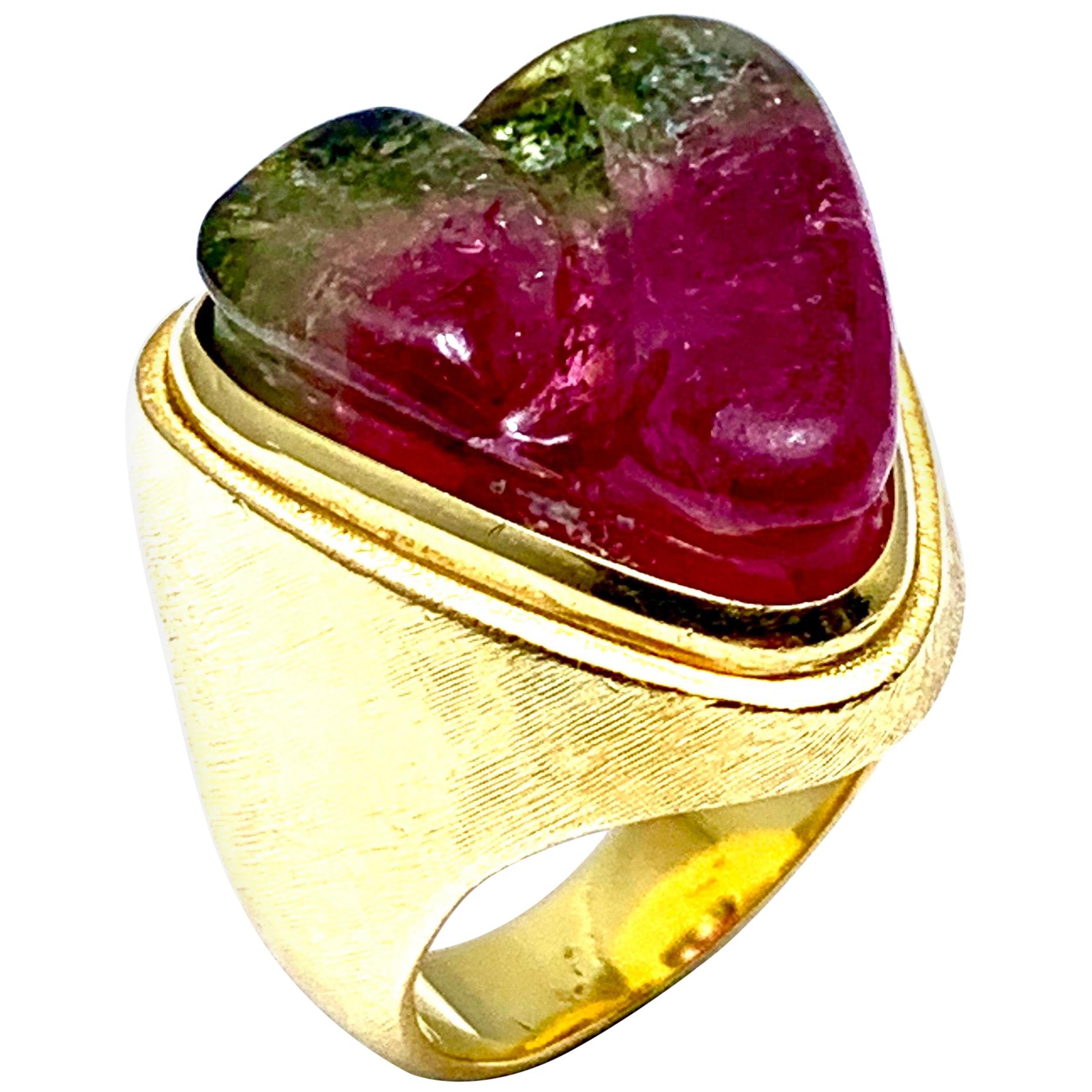 Bruno Guidi 13,68 Custom Cut Wassermelonen-Turmalin und 18 Karat Gelbgold Ring