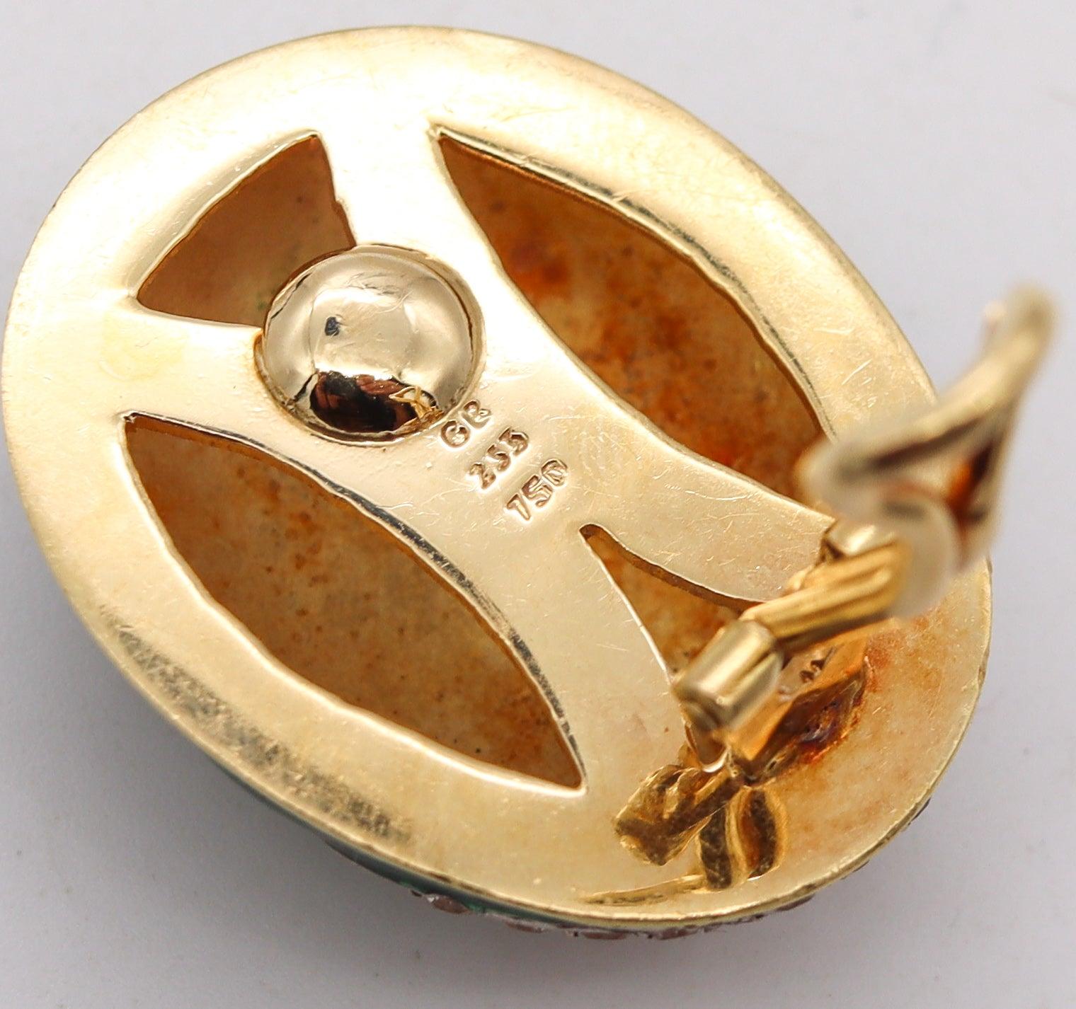 Modernist BRUNO GUIDI 1960 Enameled Clips-On Earrings 18Kt Gold With 2.16 Cts In Diamonds For Sale
