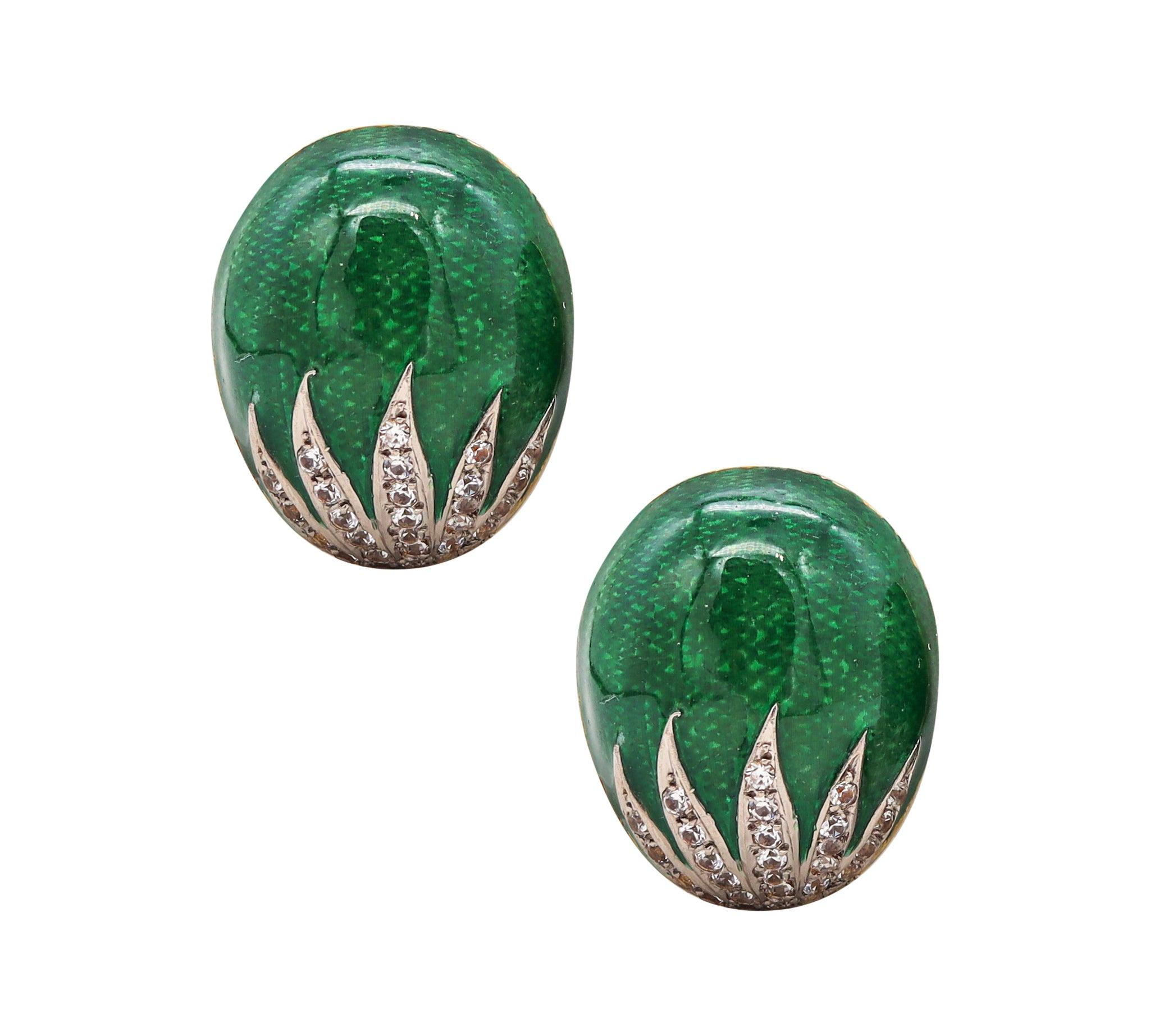 Women's BRUNO GUIDI 1960 Enameled Clips-On Earrings 18Kt Gold With 2.16 Cts In Diamonds For Sale