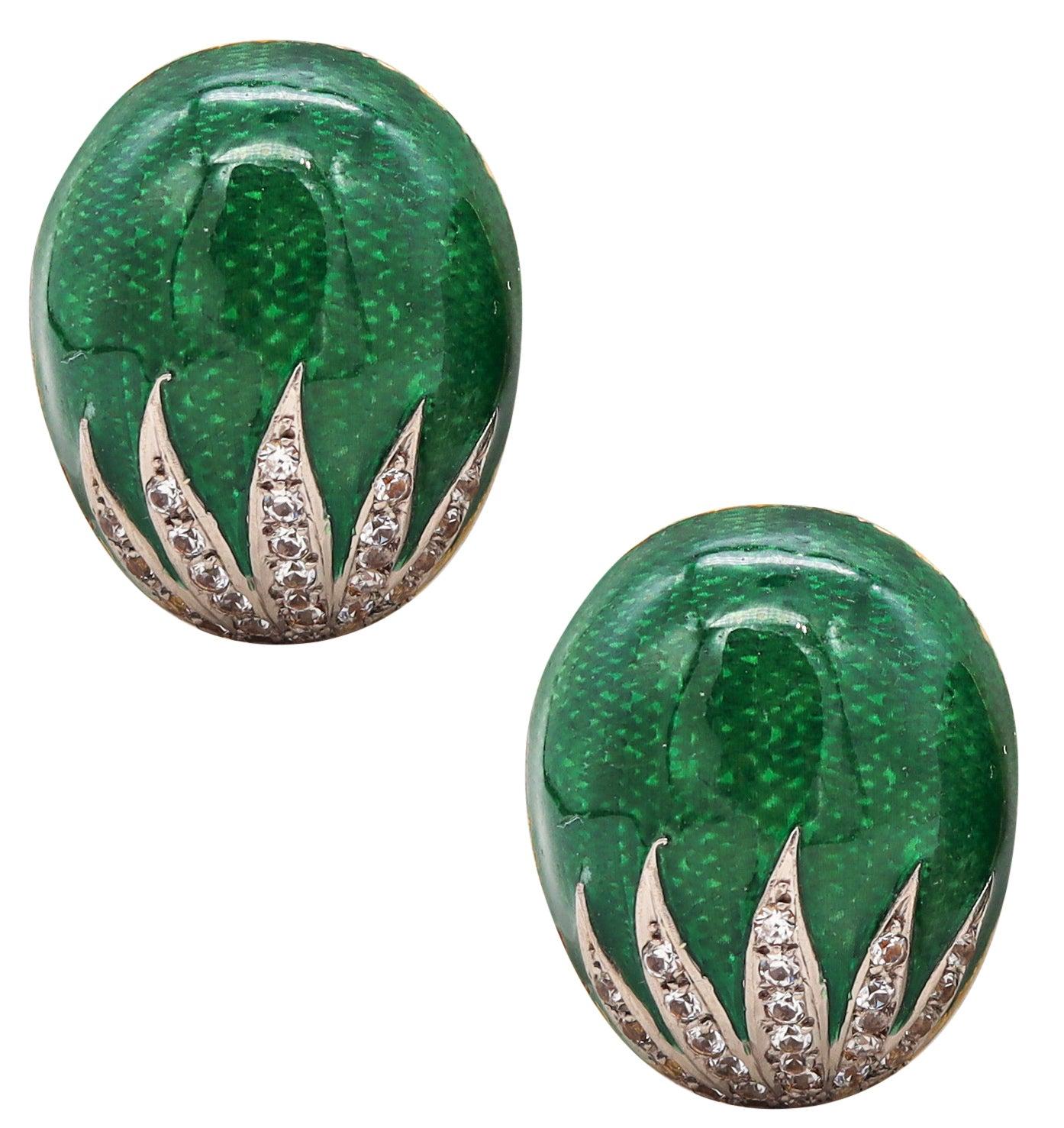 BRUNO GUIDI 1960 Enameled Clips-On Earrings 18Kt Gold With 2.16 Cts In Diamonds For Sale