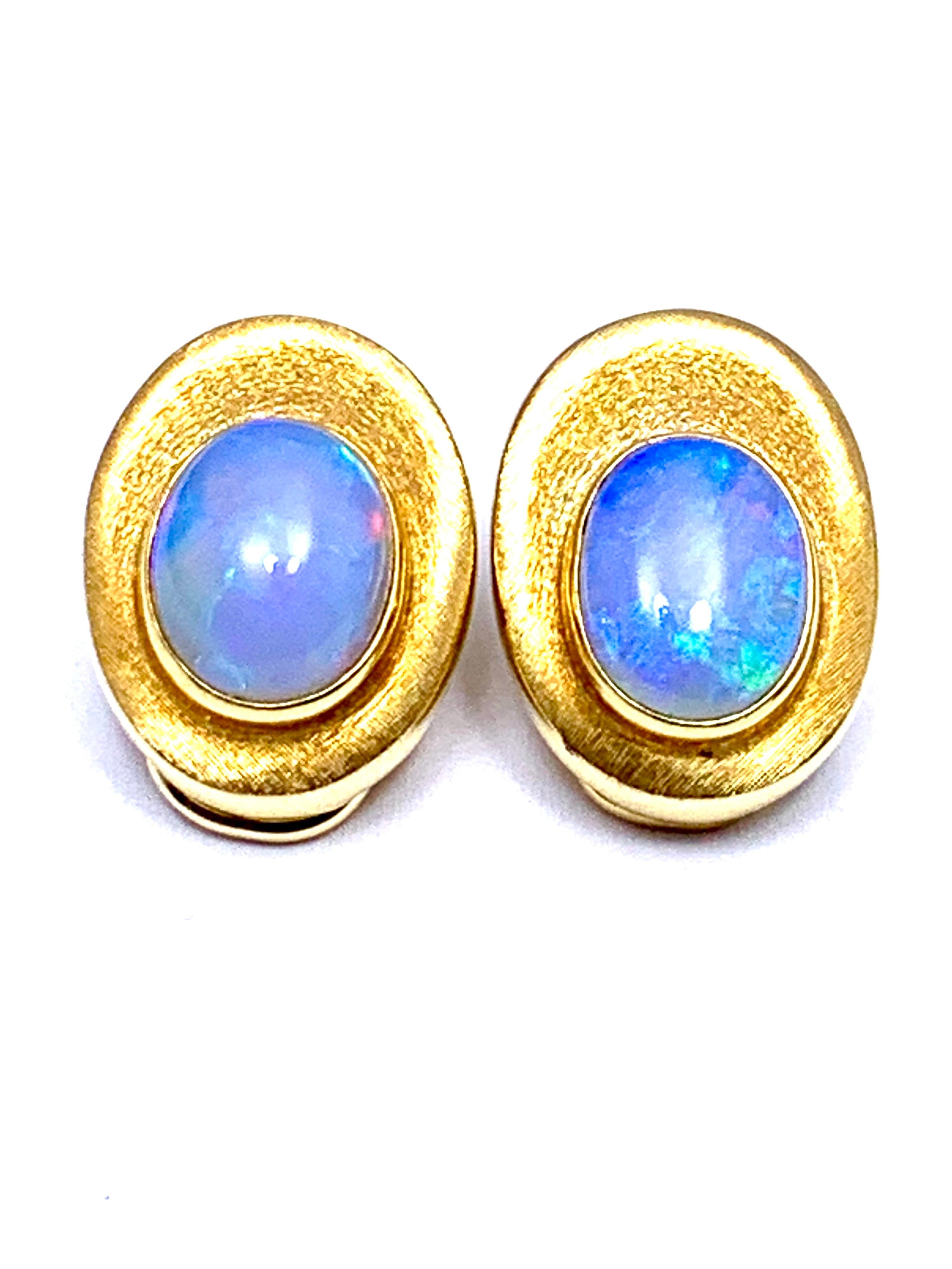 Bruno Guidi 3.65 Carat Oval Cabochon Opal and 18 Karat Yellow Gold Clip Earrings In Excellent Condition In Chevy Chase, MD