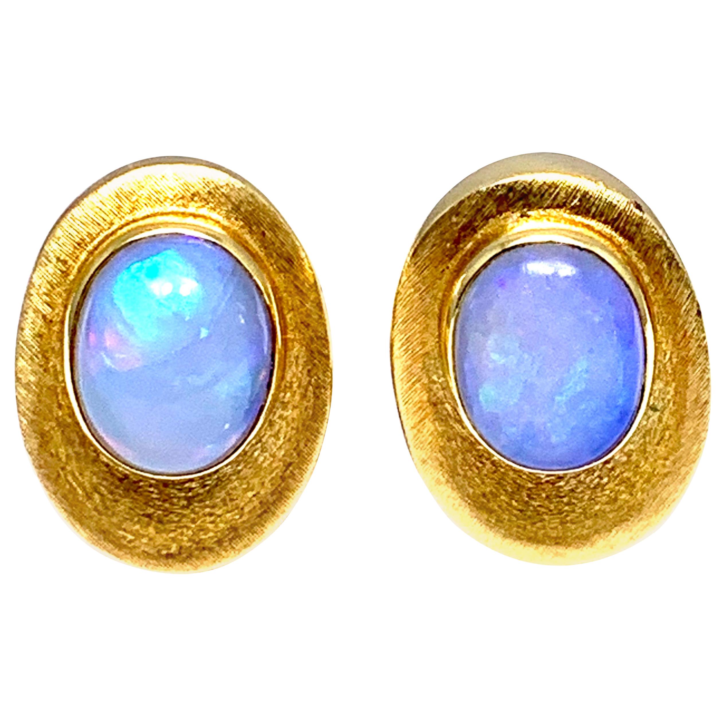Bruno Guidi 3.65 Carat Oval Cabochon Opal and 18 Karat Yellow Gold Clip Earrings