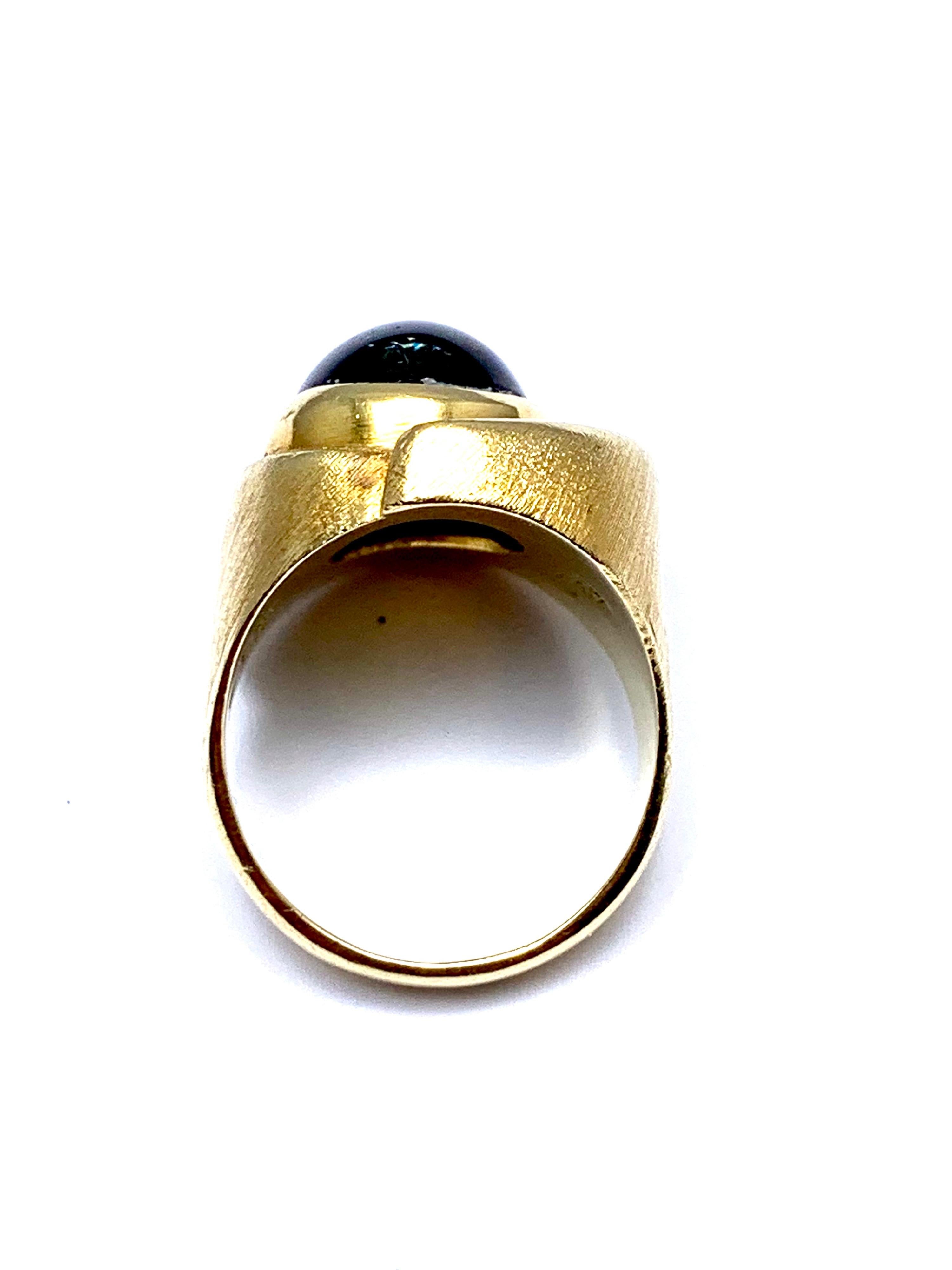 Women's or Men's Bruno Guidi 6.43 Carat Cabochon Indicolite Tourmaline 18 Karat Yellow Gold Ring For Sale