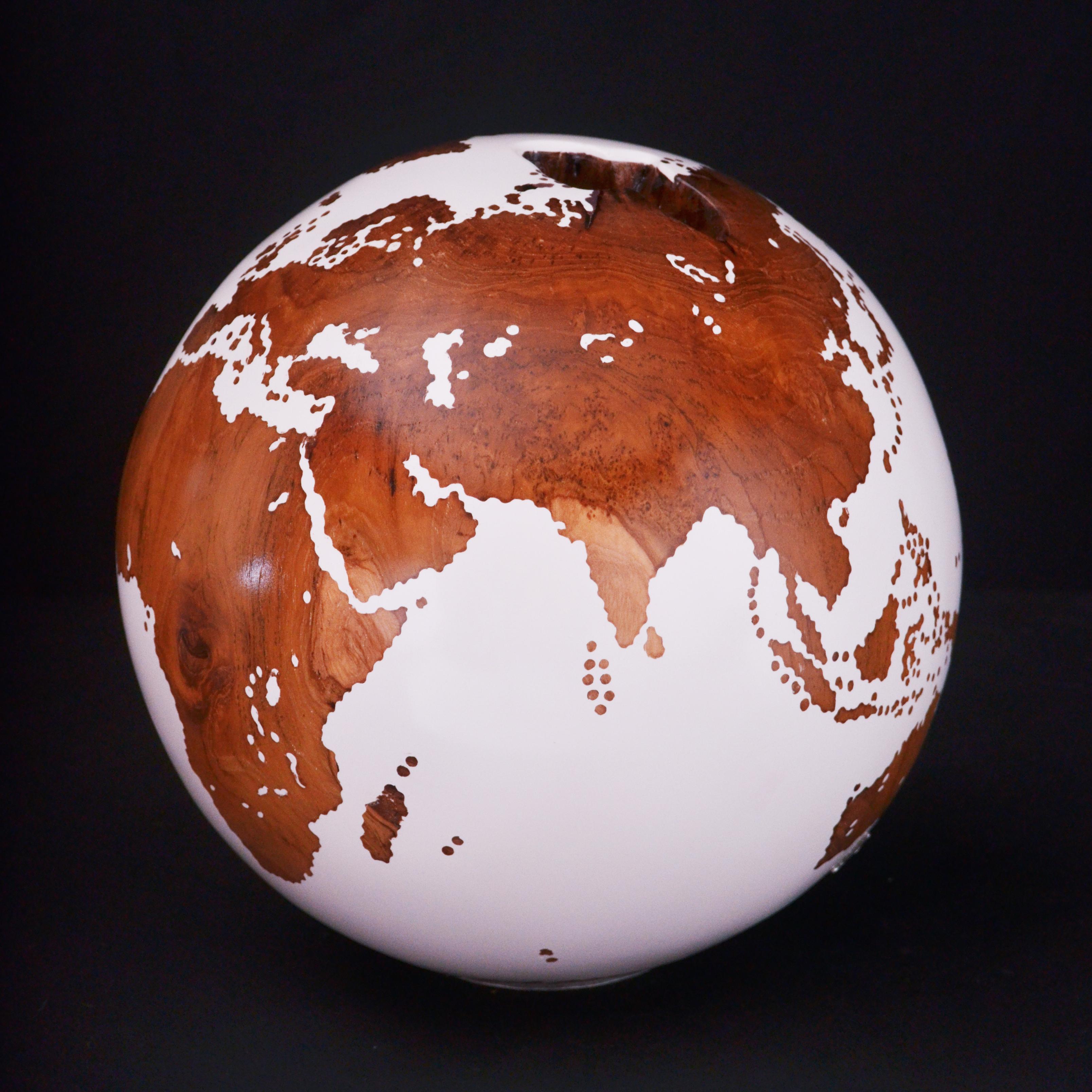 Almost Perfect But White Bruno Helgen Contemporary turning wood globe sculpture  For Sale 1