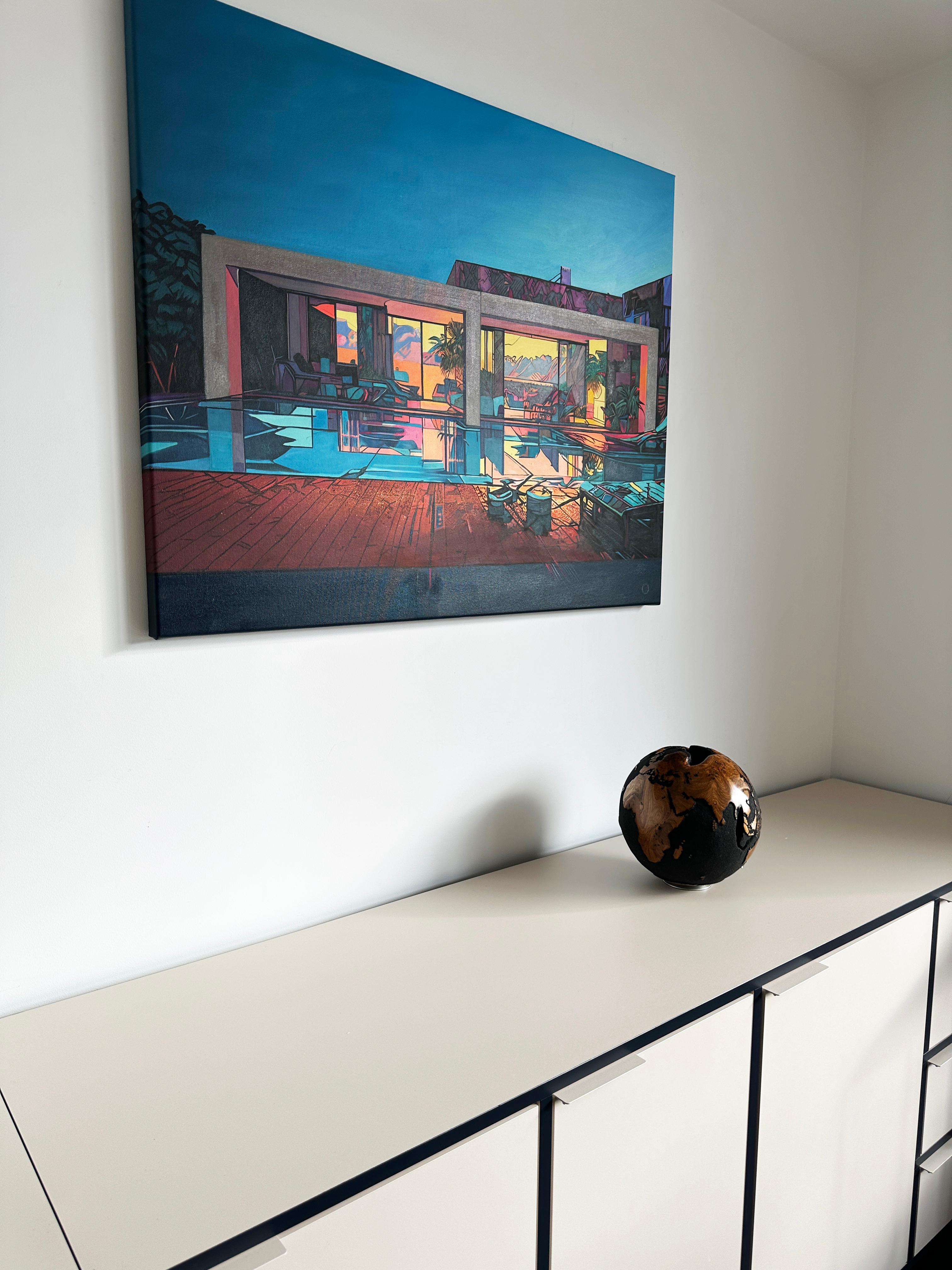 Around the Globe Black Teak by Bruno Helgen - Weltkugel aus Holz Skulptur im Angebot 1