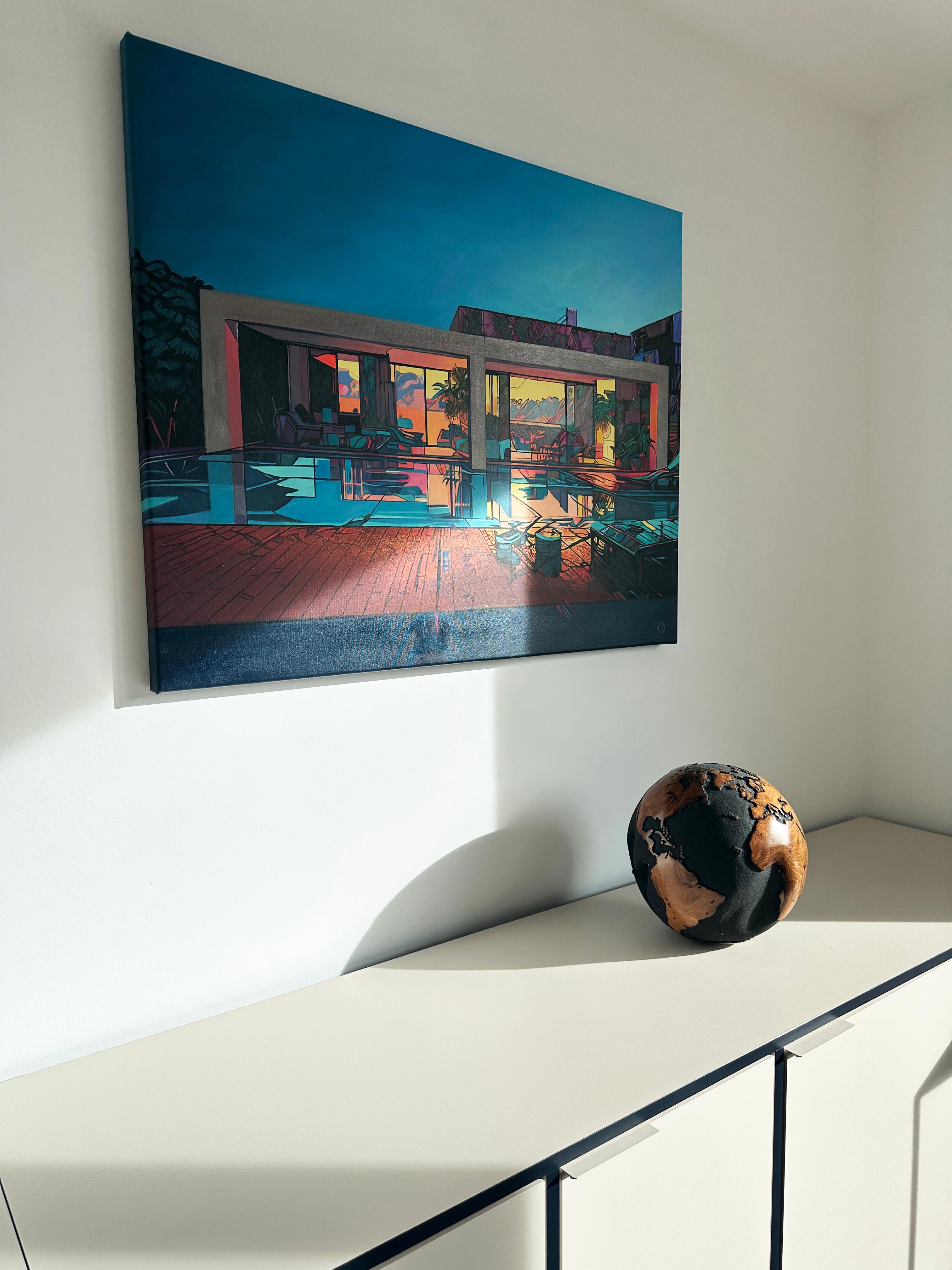 Let's explore the world by Bruno Helgen - teak wood lava sand globe sculpture en vente 2