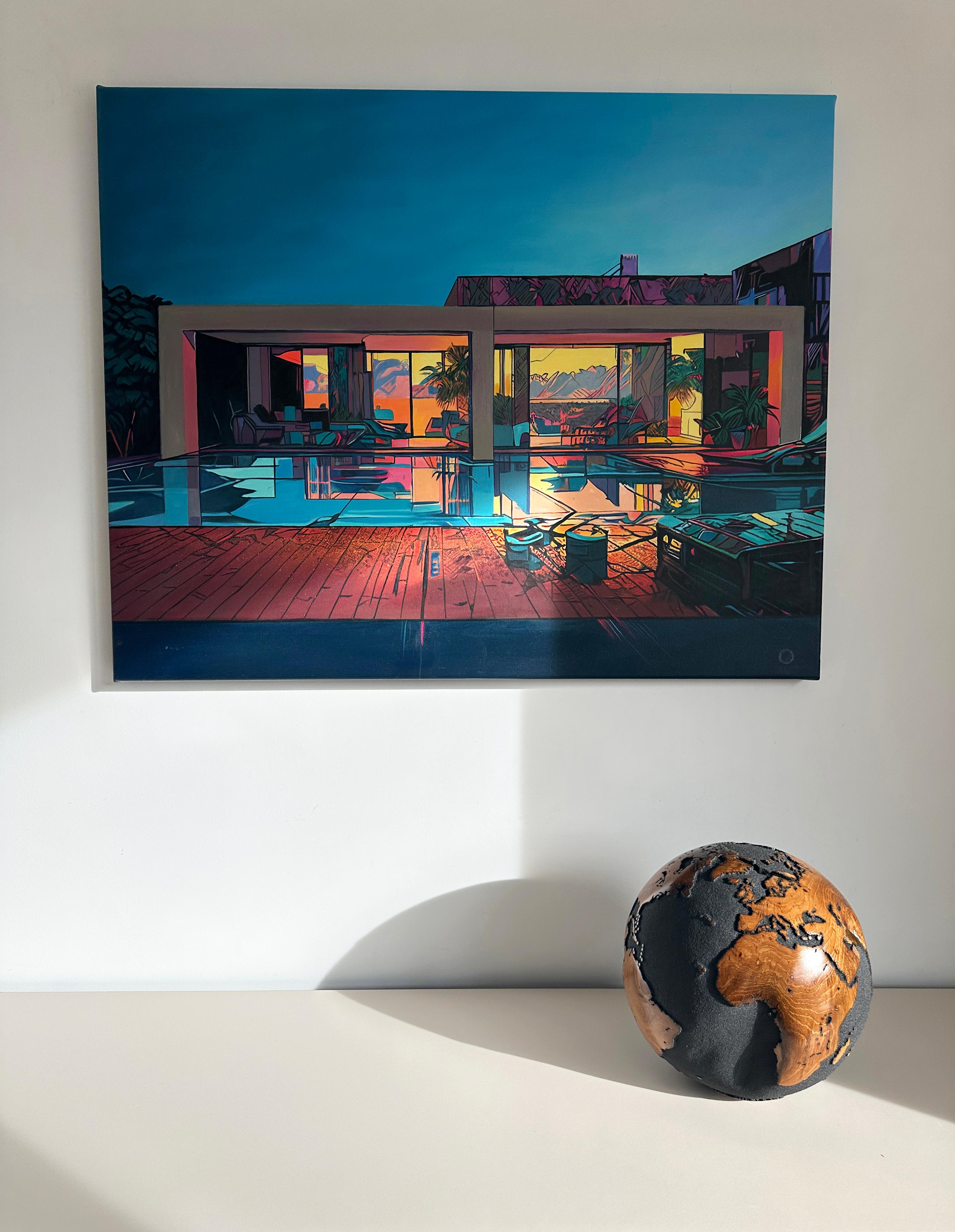 Let's explore the world by Bruno Helgen - teak wood lava sand globe sculpture en vente 4