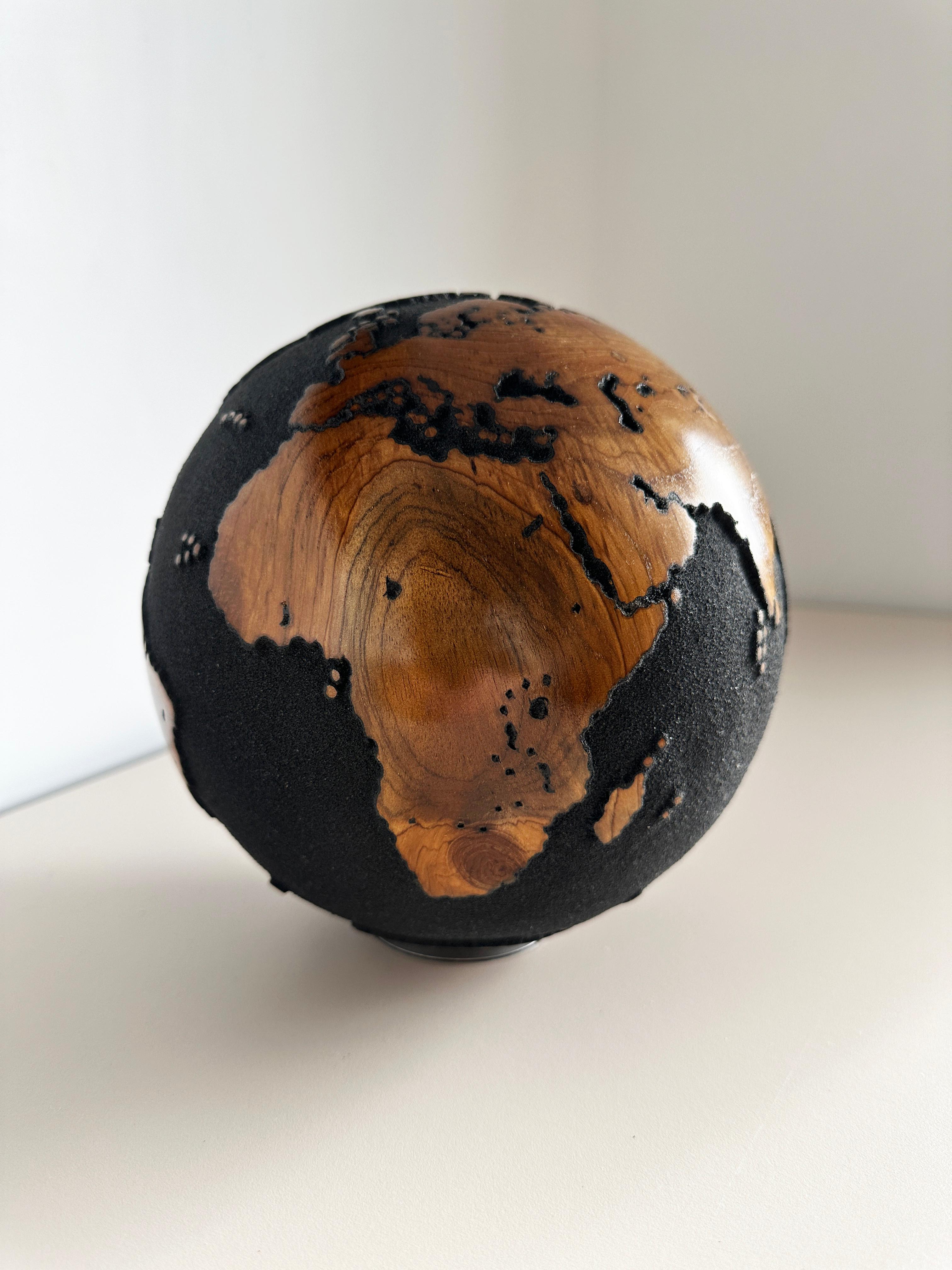 Midnight Journey Black Teak Globe by Bruno Helgen - wood globe sculpture  For Sale 9