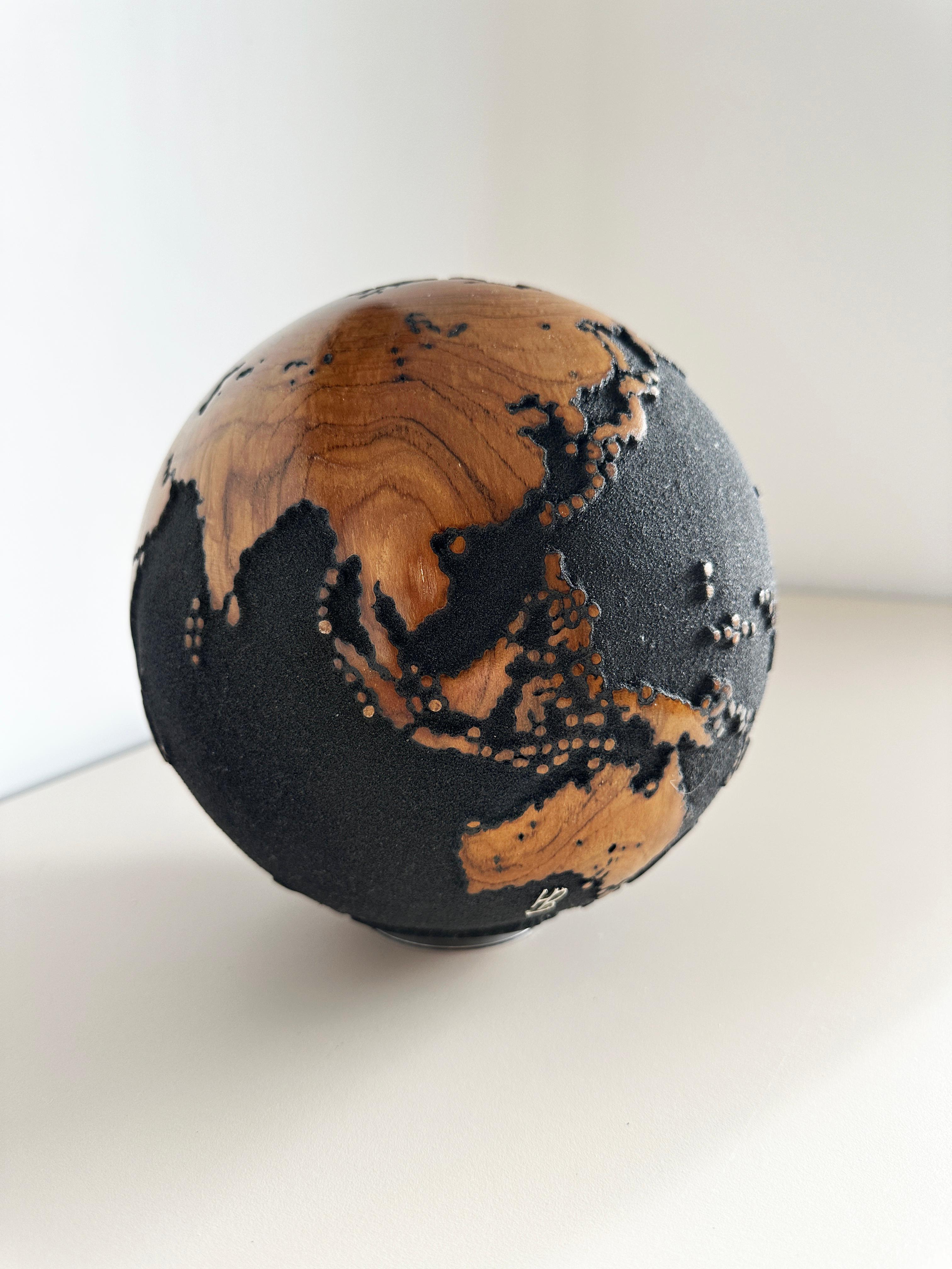 Midnight Journey Black Teak Globe by Bruno Helgen - wood globe sculpture  For Sale 11