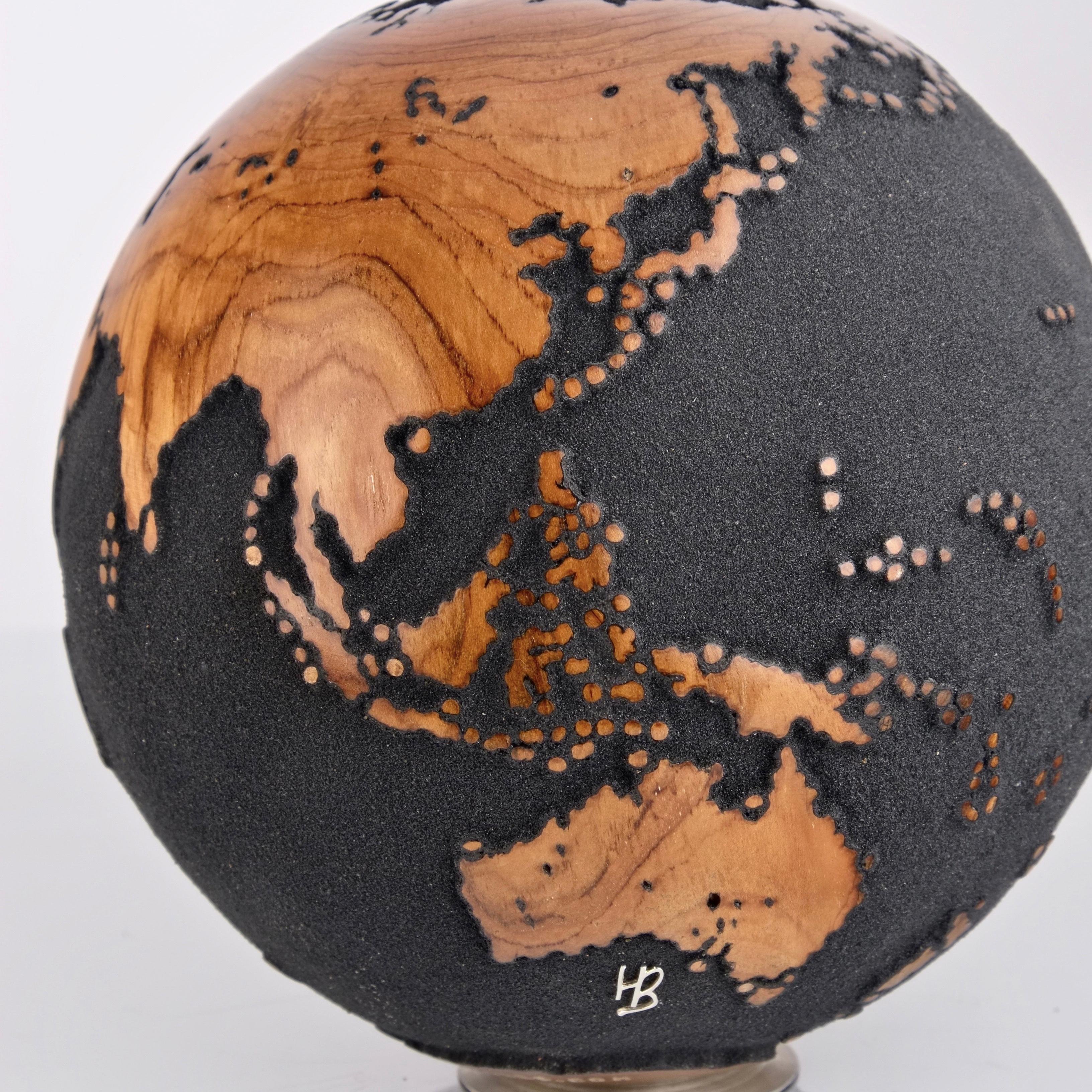 Midnight Journey Black Teak Globe by Bruno Helgen - wood globe sculpture  For Sale 14
