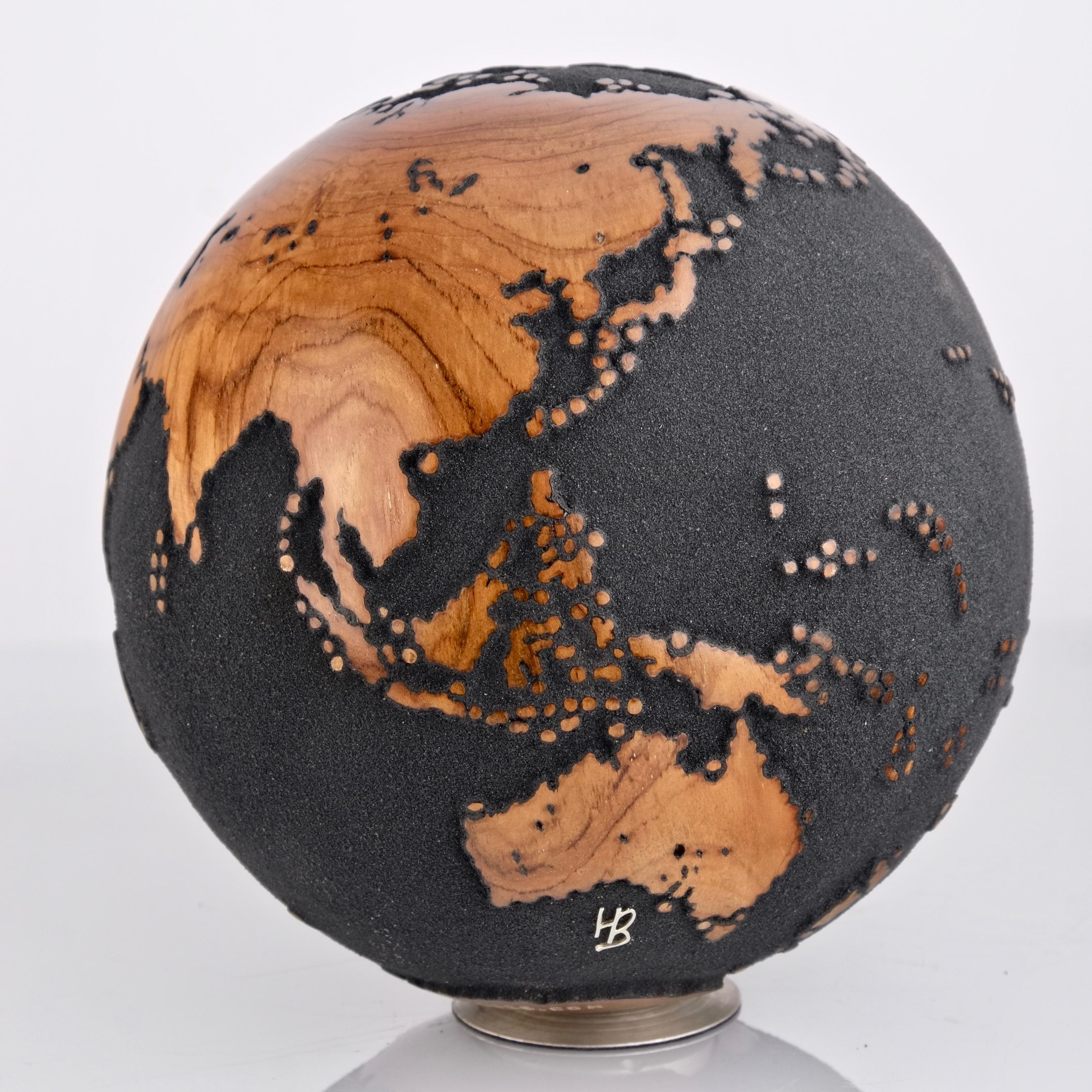 Midnight Journey Black Teak Globe by Bruno Helgen - wood globe sculpture  For Sale 4
