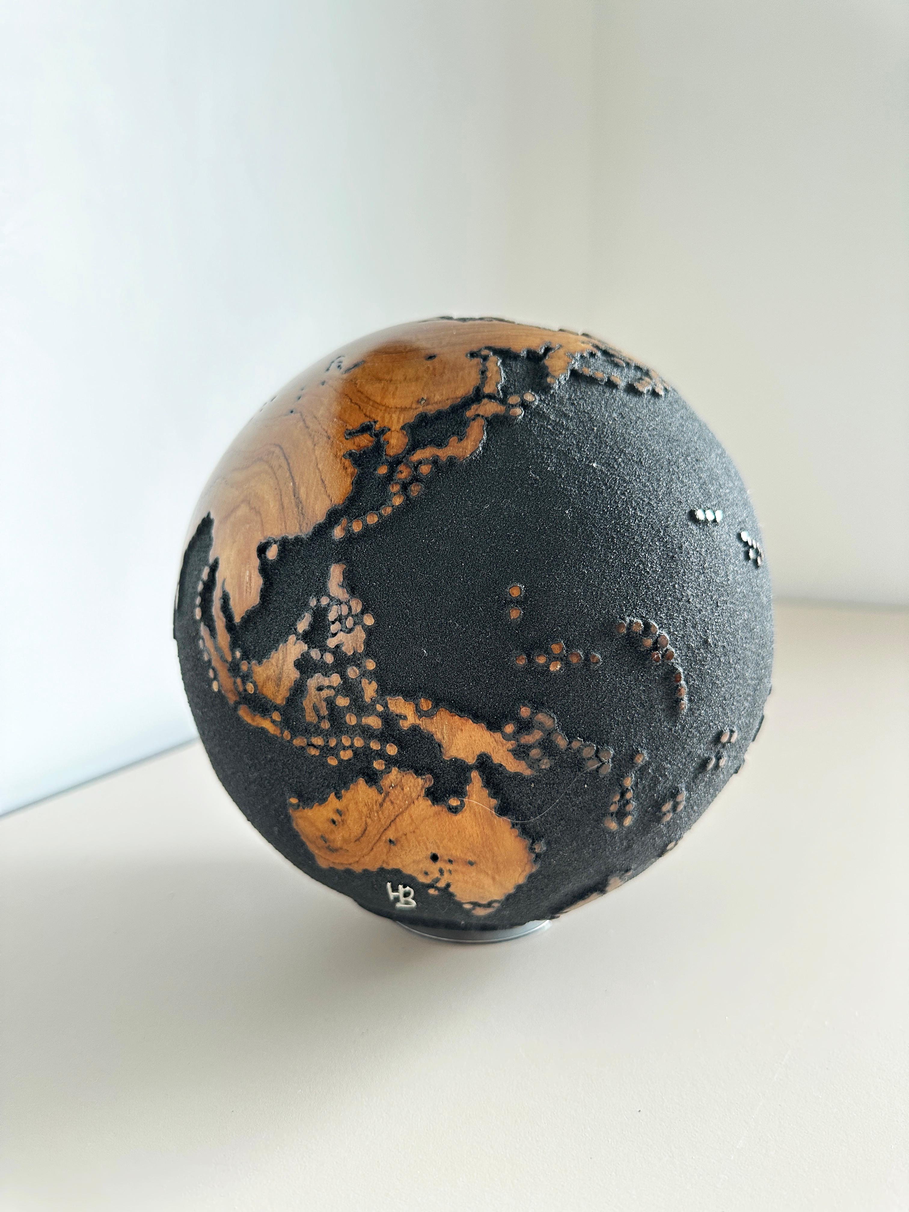 Midnight Journey Black Teak Globe by Bruno Helgen - wood globe sculpture  For Sale 5