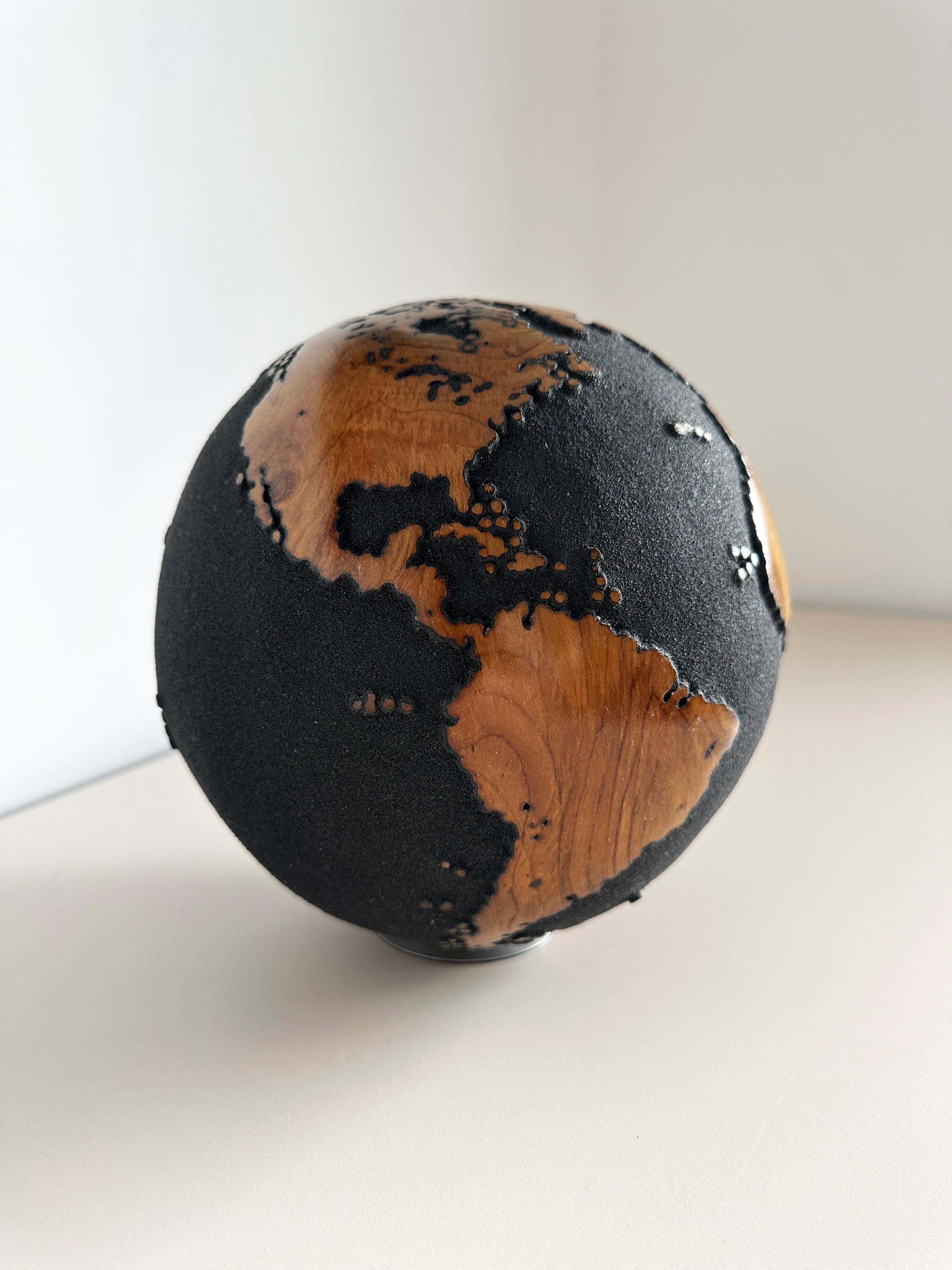 Midnight Journey Black Teak Globe by Bruno Helgen - wood globe sculpture  For Sale 7
