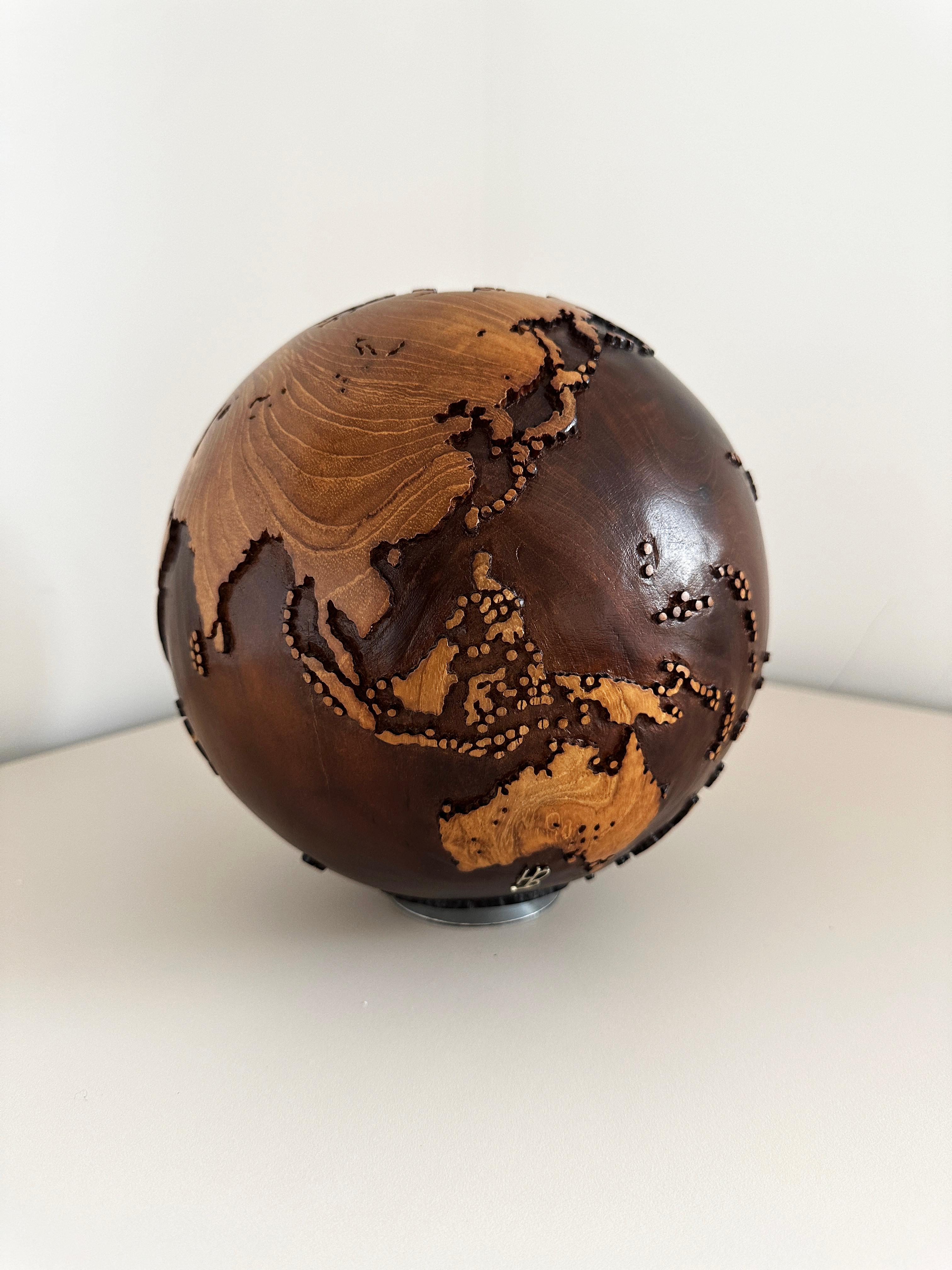 Take a Trip Teak Walnut Stain by Bruno Helgen - wood globe sculpture  For Sale 10
