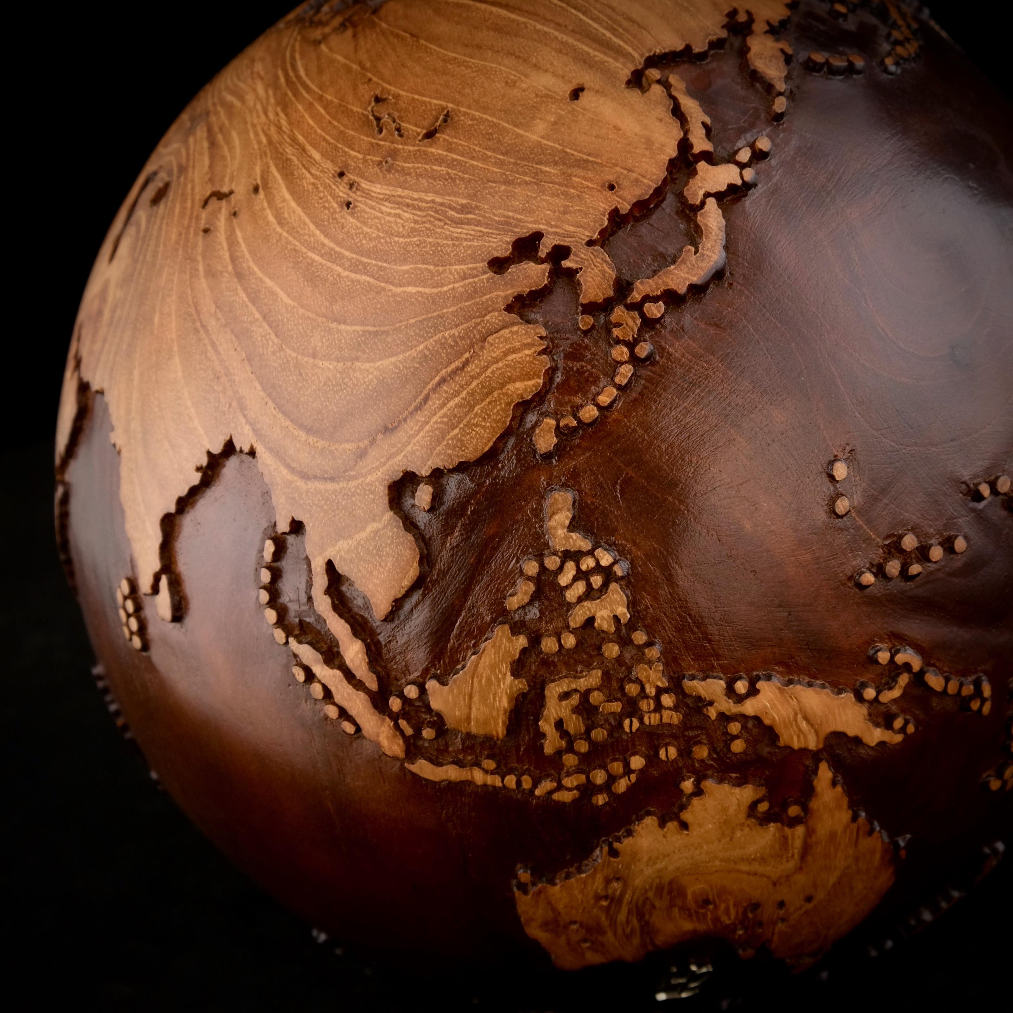 Take a Trip Teak Walnut Stain by Bruno Helgen - wood globe sculpture  For Sale 11
