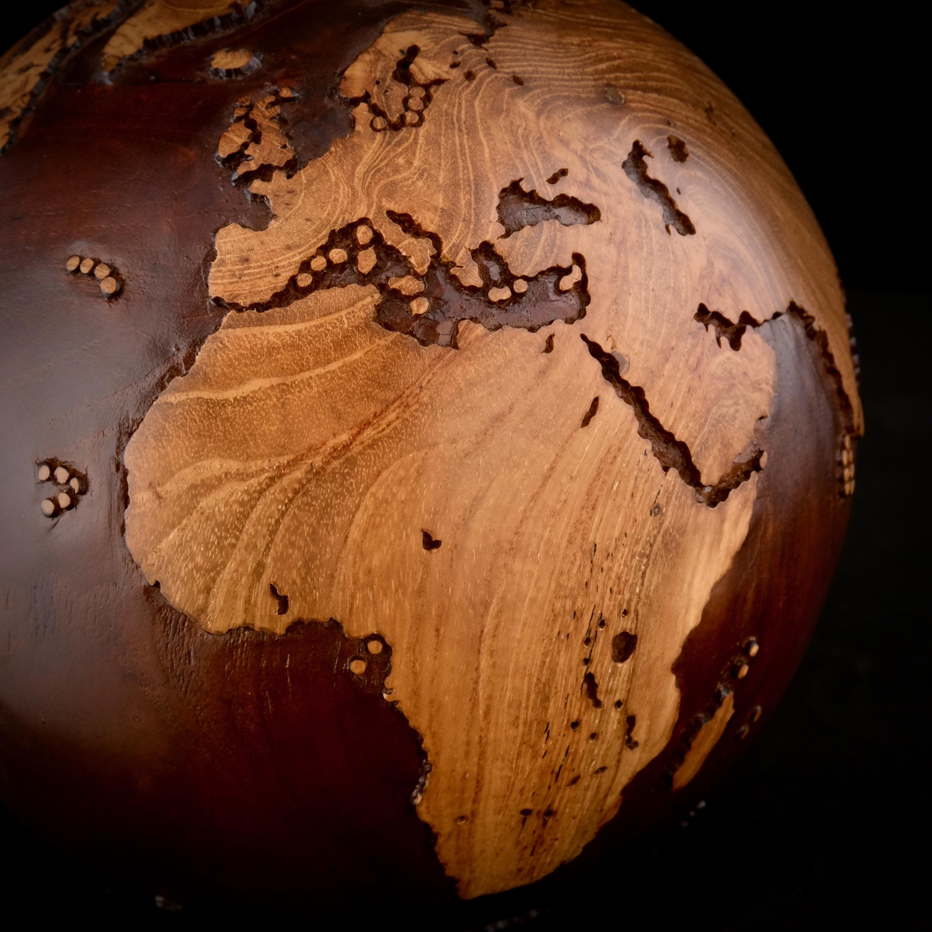 Take a Trip Teak Walnut Stain by Bruno Helgen - wood globe sculpture  For Sale 13