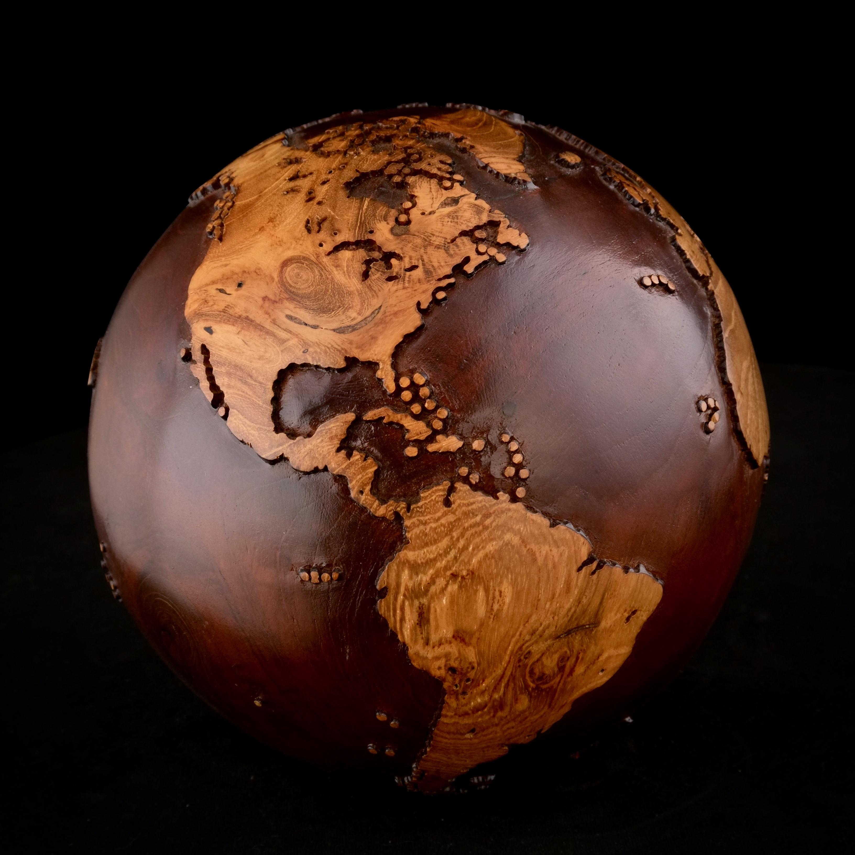 Take a Trip Teak Walnut Stain by Bruno Helgen - wood globe sculpture  For Sale 3
