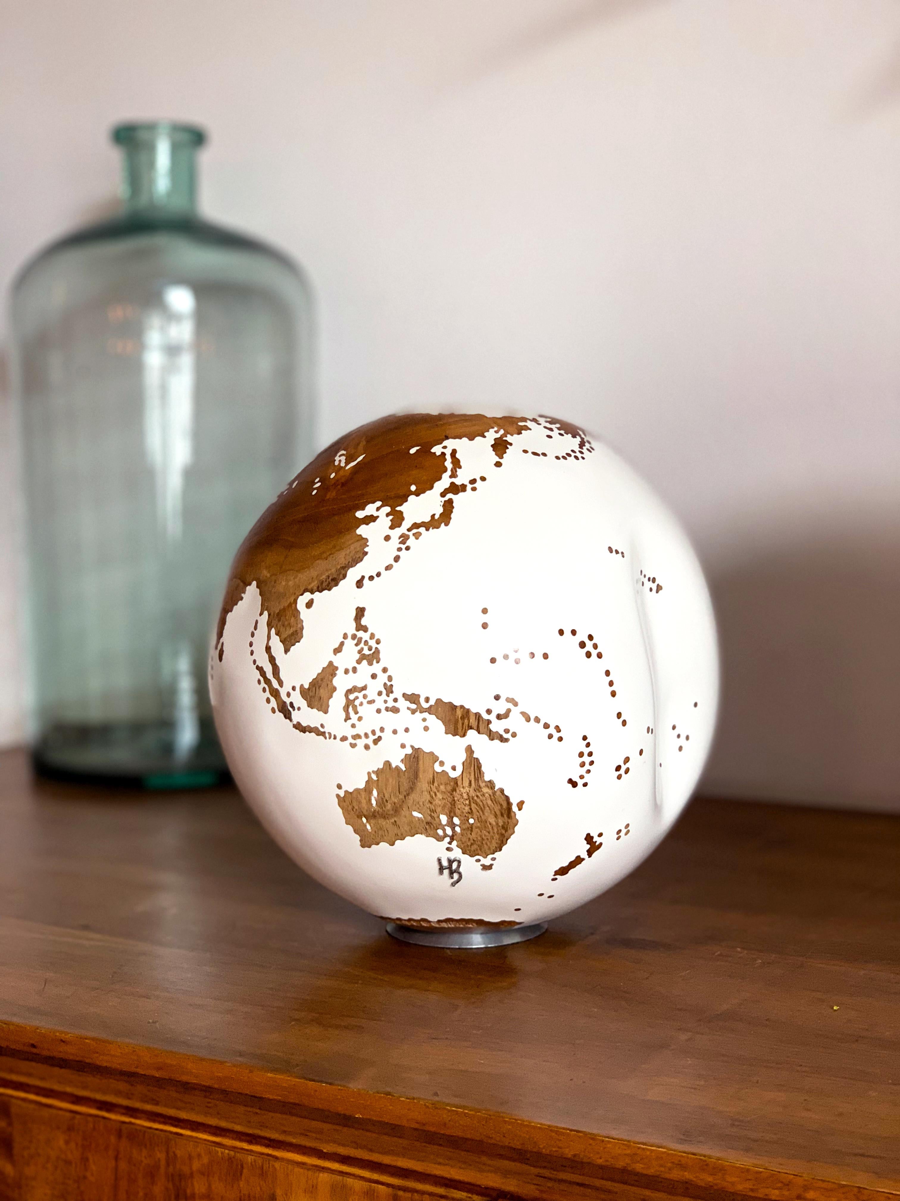 The World Globe by Bruno Helgen Contemporary Small White Teak Wood Sculpture 1