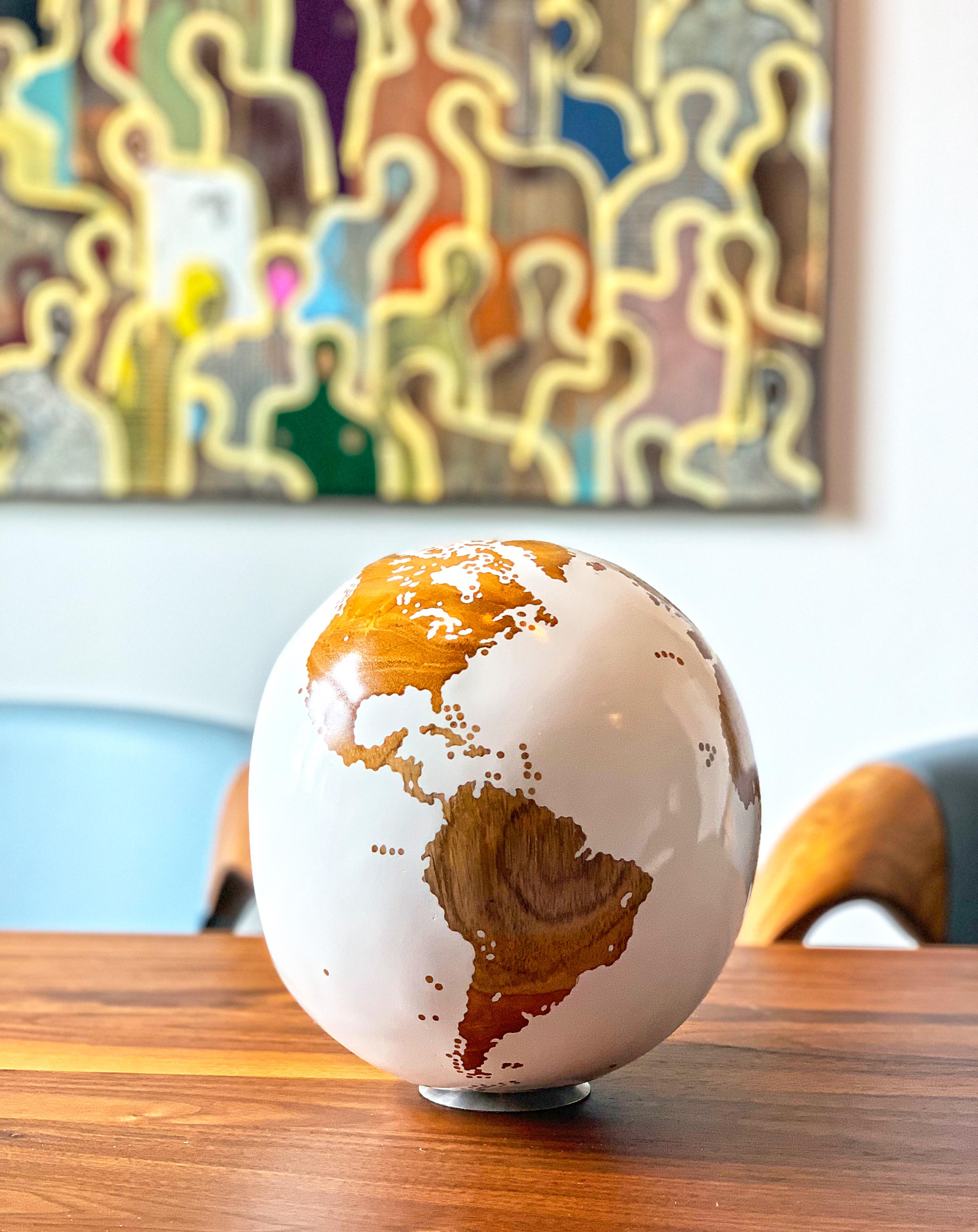 The World Globe by Bruno Helgen Contemporary Small White Teak Wood Sculpture 3