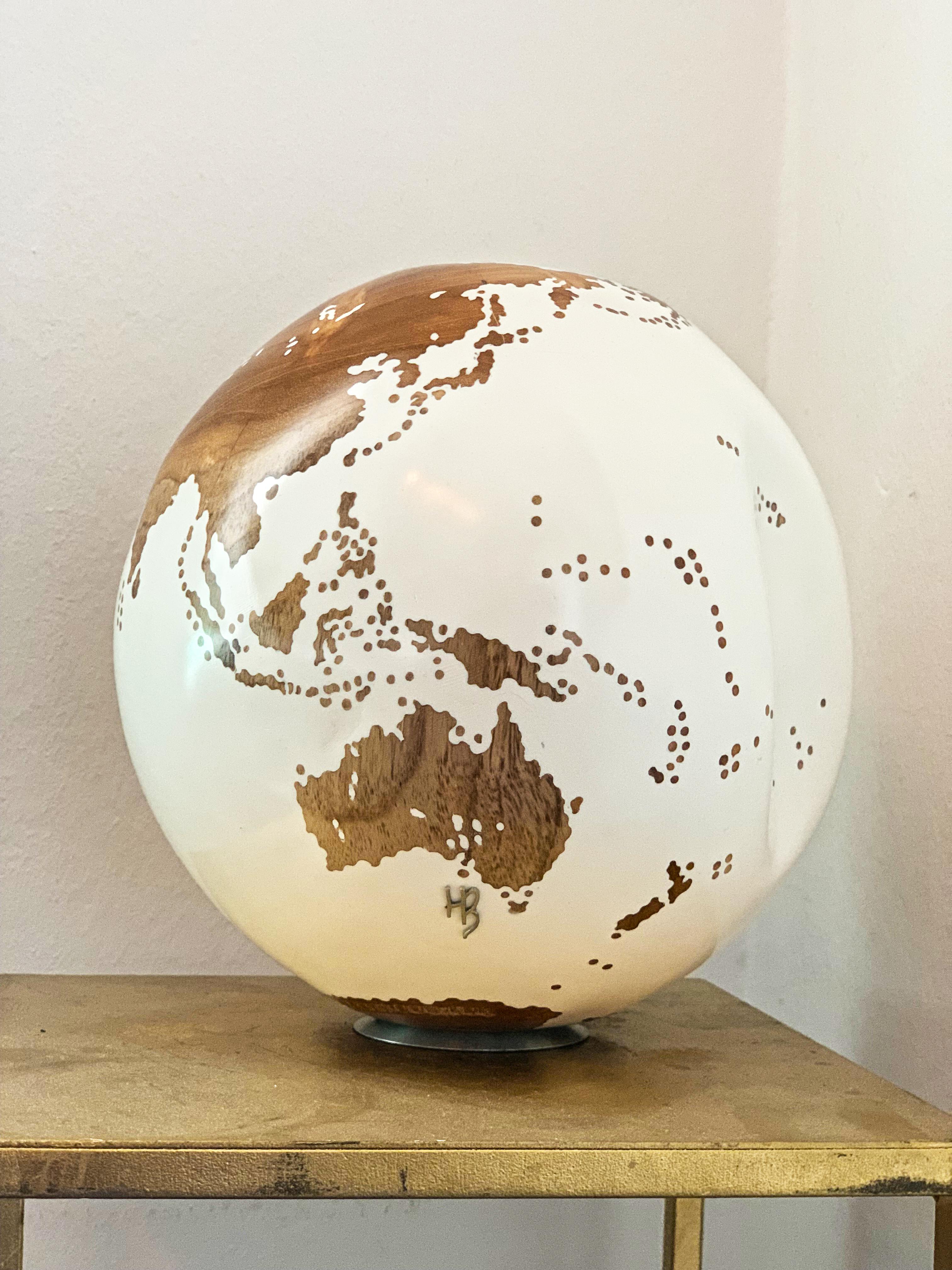 The World Globe by Bruno Helgen Contemporary Small White Teak Wood Sculpture 4