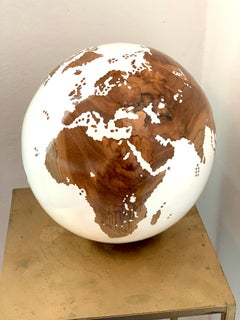 The World Globe by Bruno Helgen Contemporary Small White Teak Wood Sculpture