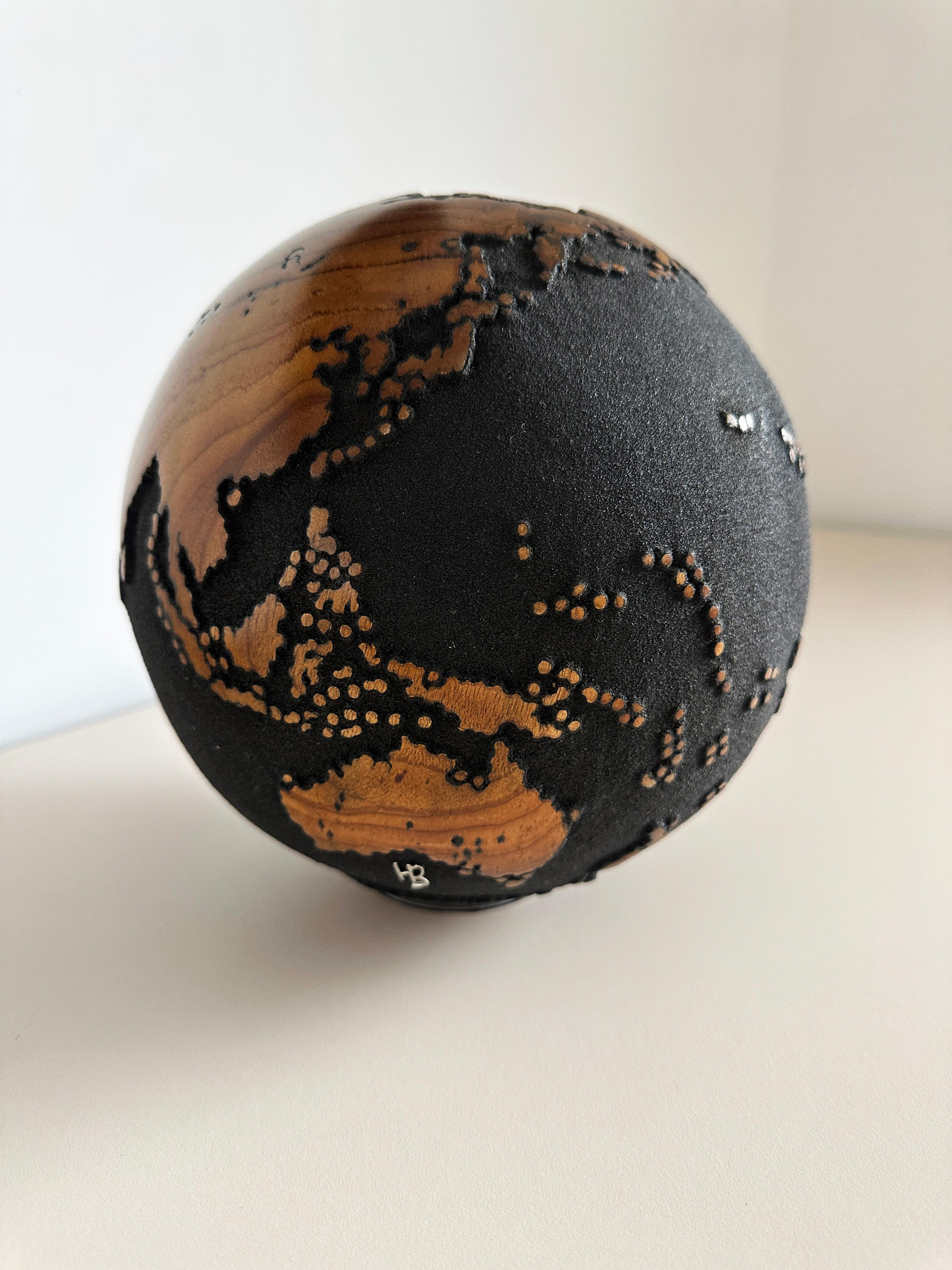 Travel with me Black Teak Globe by Bruno Helgen - wood globe sculpture  For Sale 12