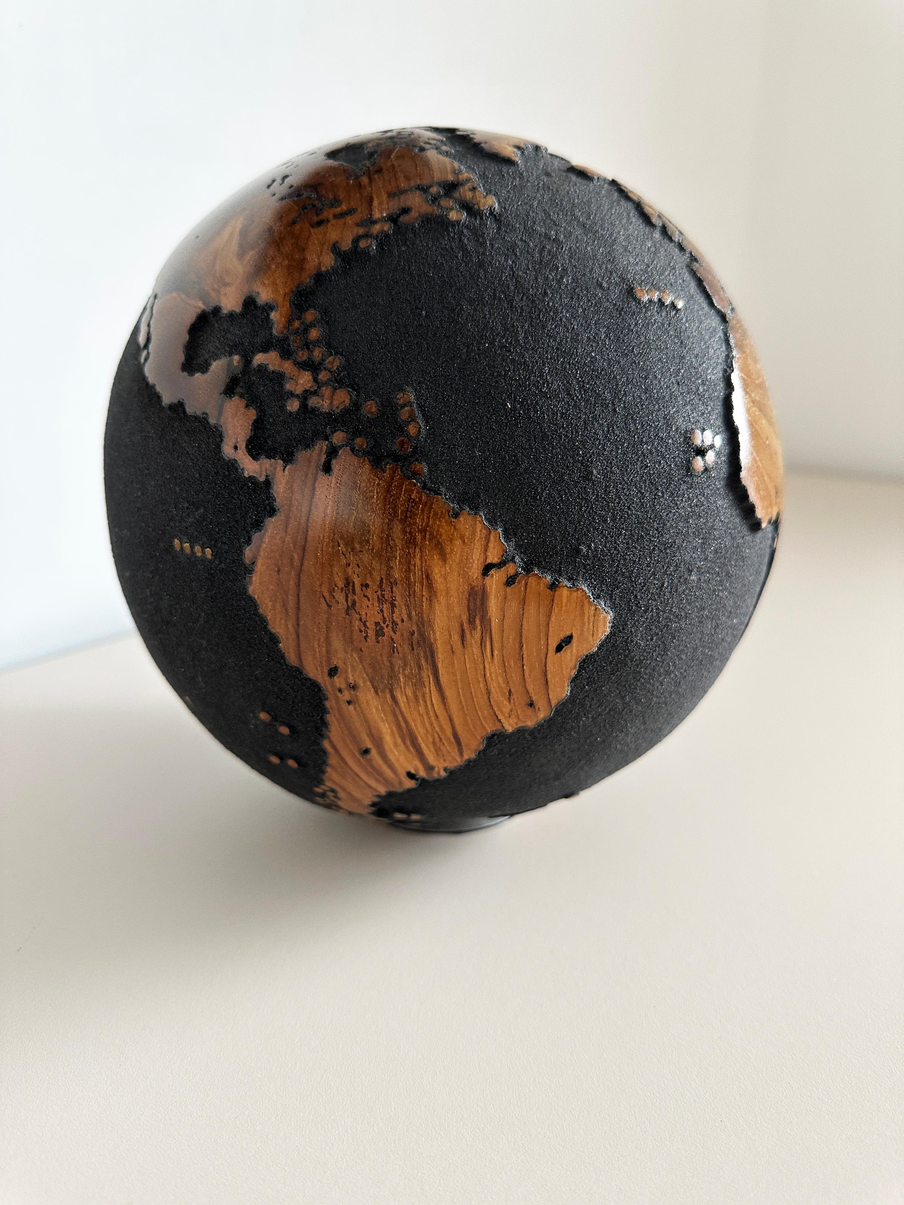 Travel with me Black Teak Globe by Bruno Helgen - wood globe sculpture  For Sale 14
