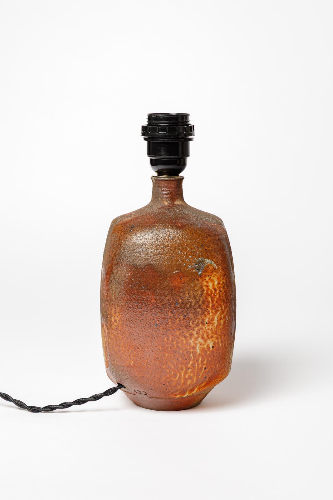 French Bruno Hrdy La Borne 20th century design brown stoneware ceramic table lamp 1970 For Sale