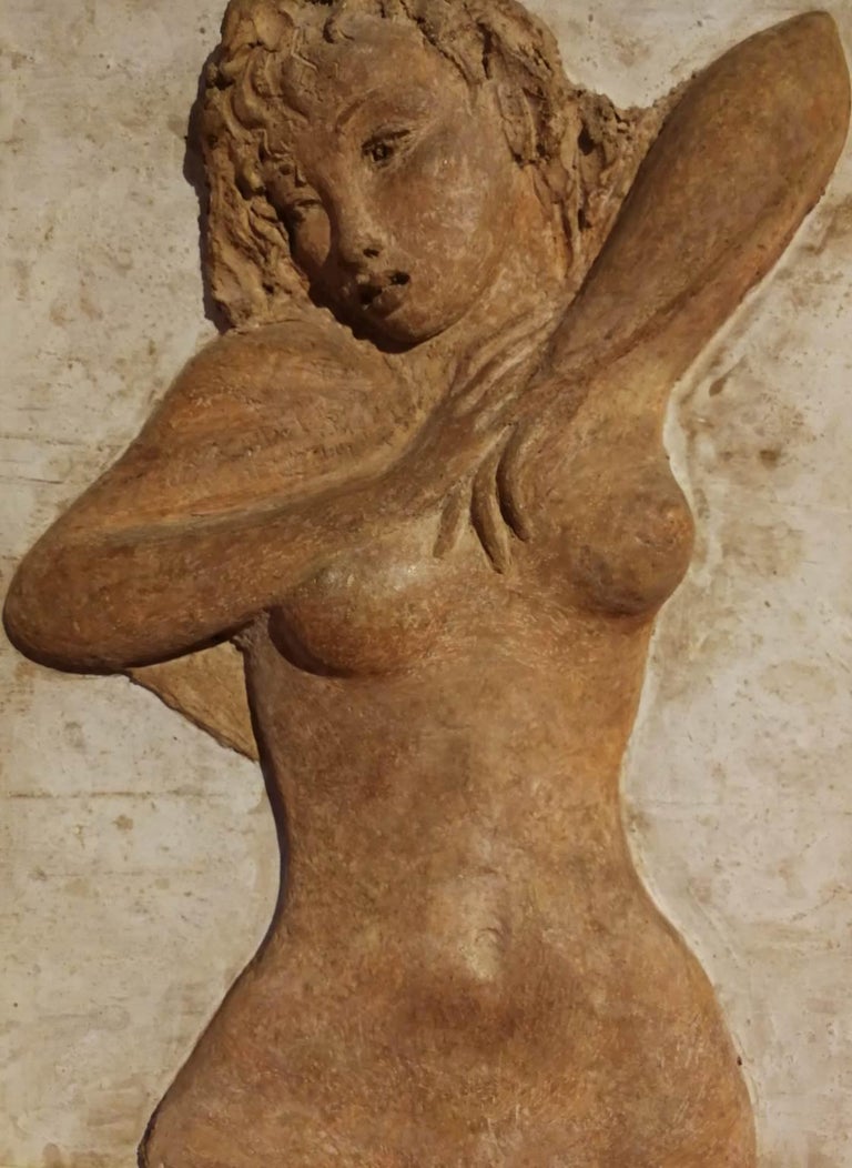Signed Bruno Innocenti Female Nude Sculpture Relief 20 century plaster wood For Sale 1