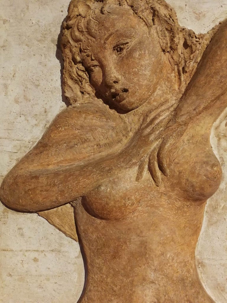 Signed Bruno Innocenti Female Nude Sculpture Relief 20 century plaster wood For Sale 2