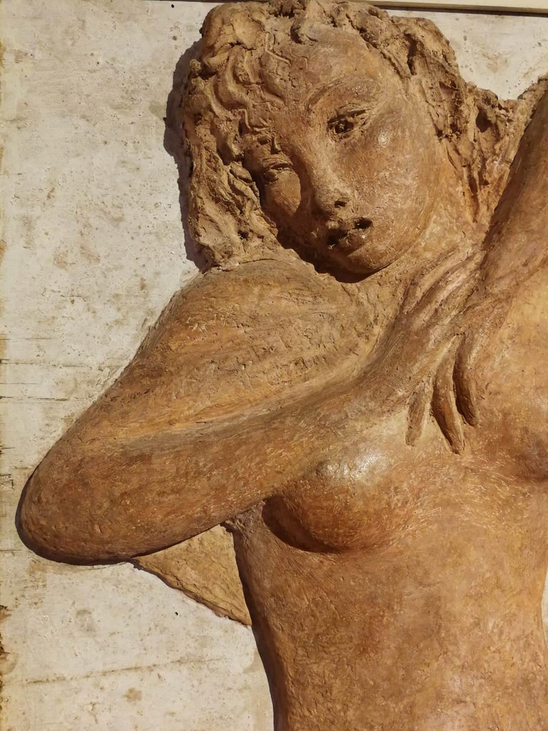 Signed Bruno Innocenti Female Nude Sculpture Relief 20 century plaster wood For Sale 3
