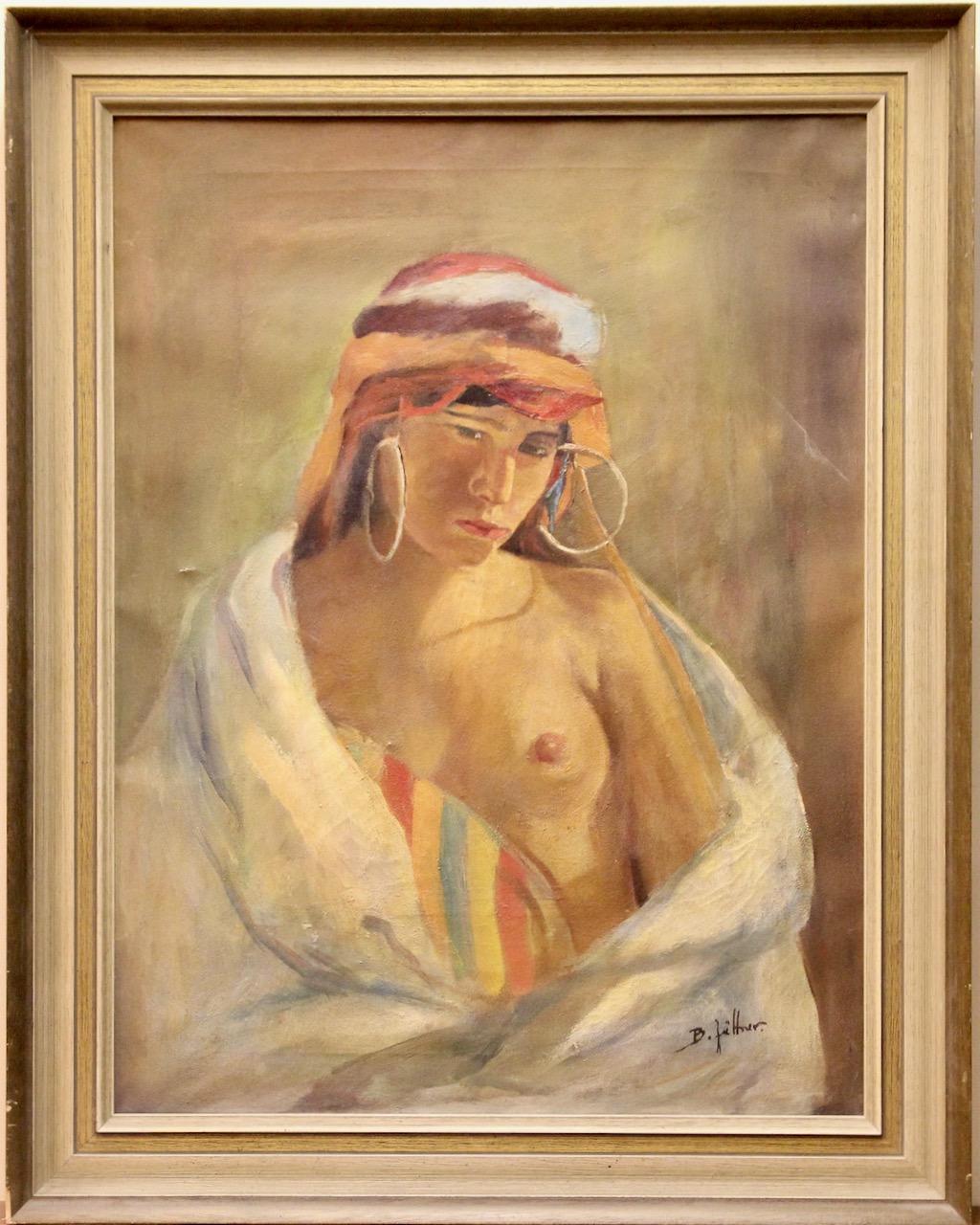Peinture à l'huile ancienne, Bruno Jüttner, Nu d'une jeune femme nord-africaine en vente 1