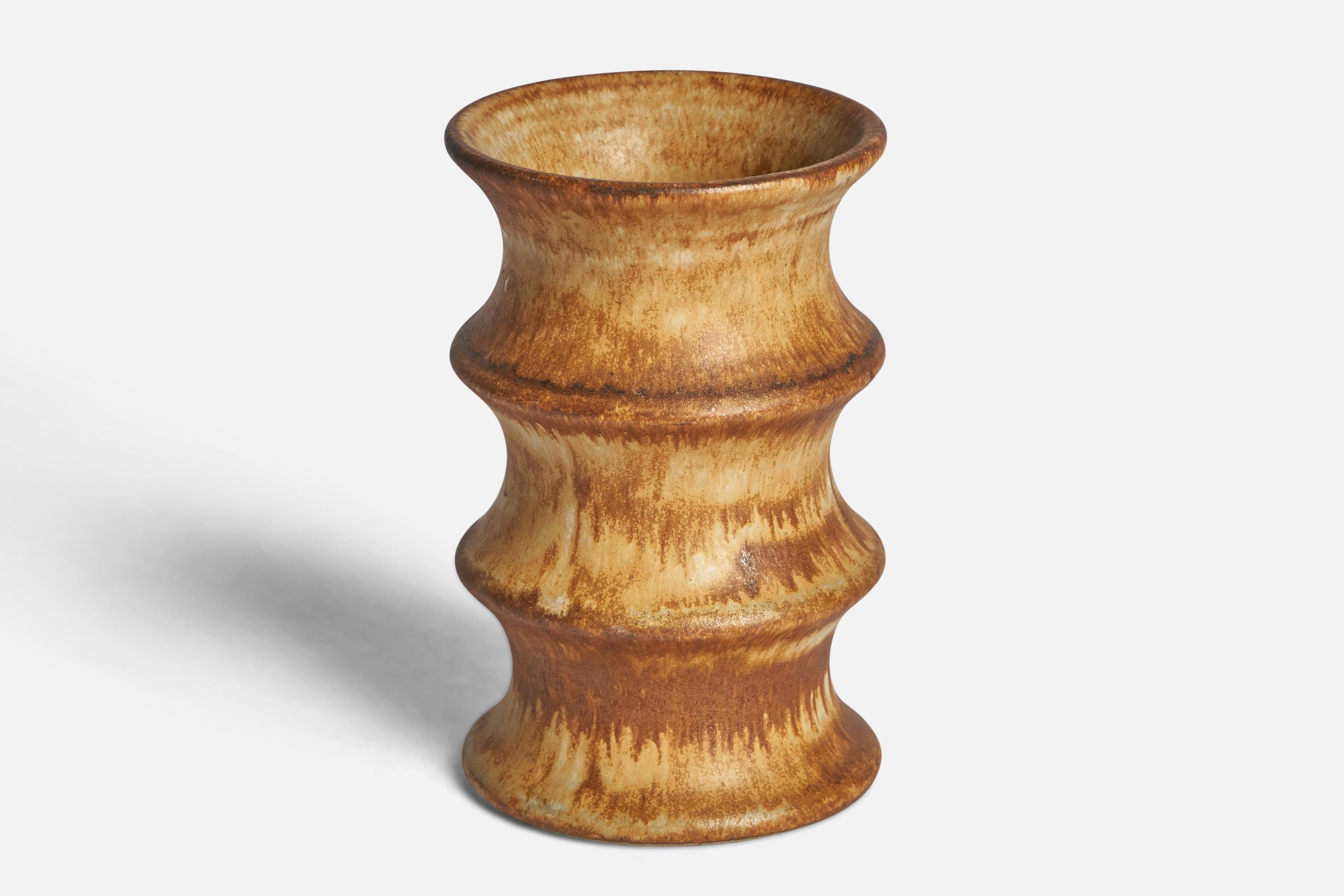 A beige brown-glazed stoneware vase designed by Bruno Karlsson and produced by Ego Stengods, Sweden, c. 1960s.