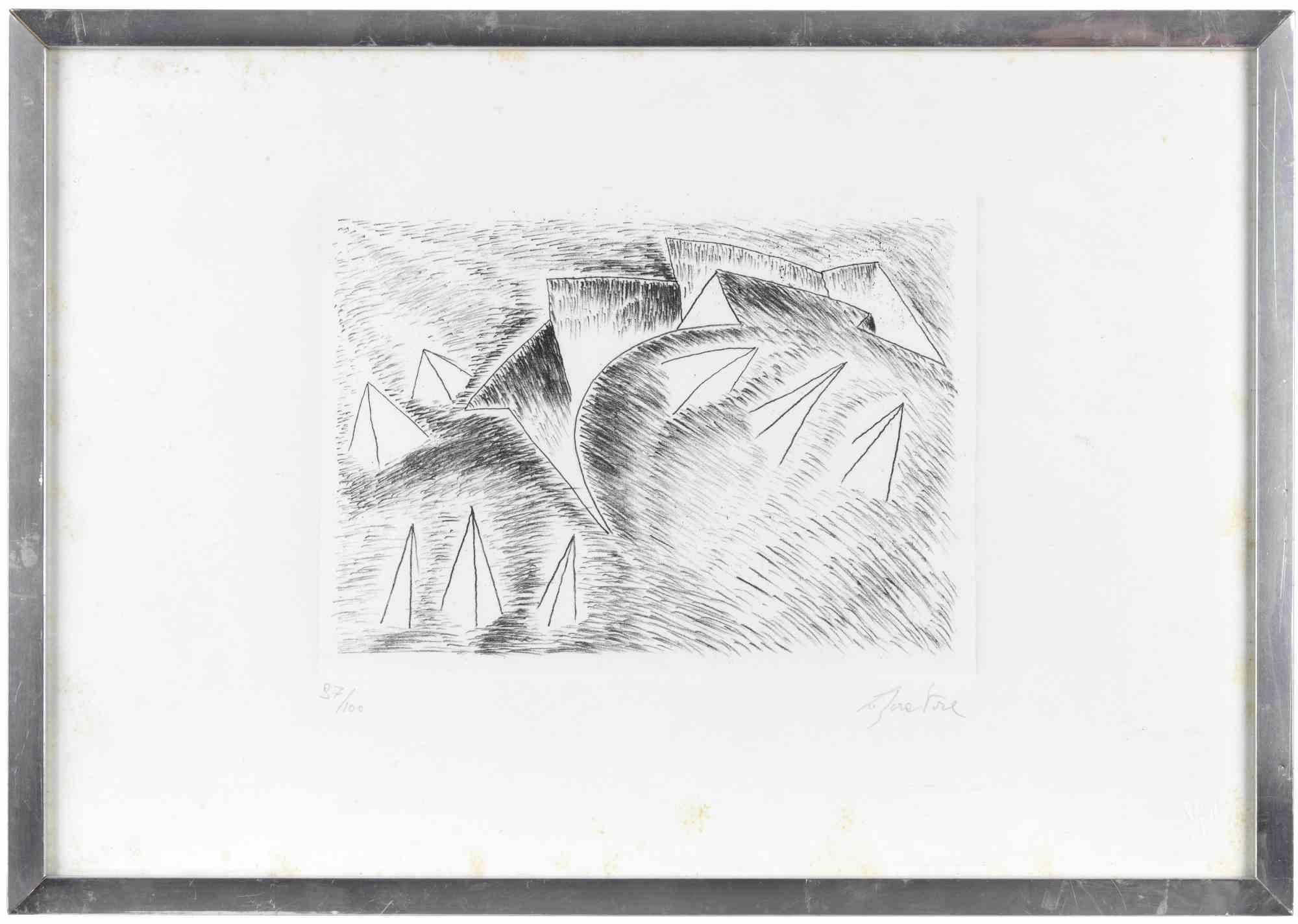 Sailing is a contemporary artwork realized by Bruno Liberatore.

Black and white lithograph.

Hand signed and numbered on the lower margin.

Edition of 97/100.

Includes frame.