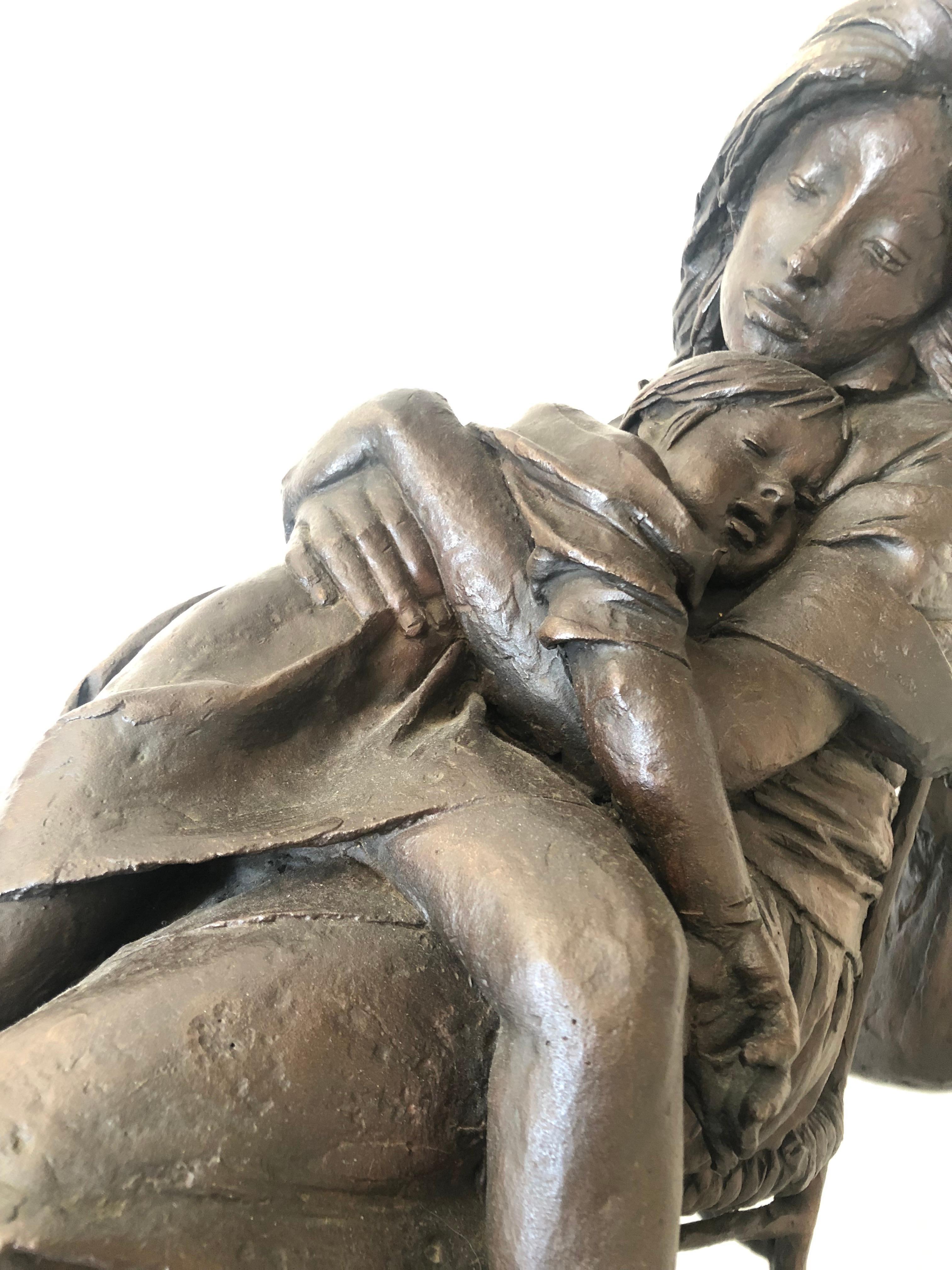 After Shopping Modern Bronze Sculpture, signed.
A wonderful bronze sculpture of a young mother resting with her child on a chair, with a handbag on the back of the chair on a limestone base.
Bruno Lucchesi was born in 1926, an Italian-American