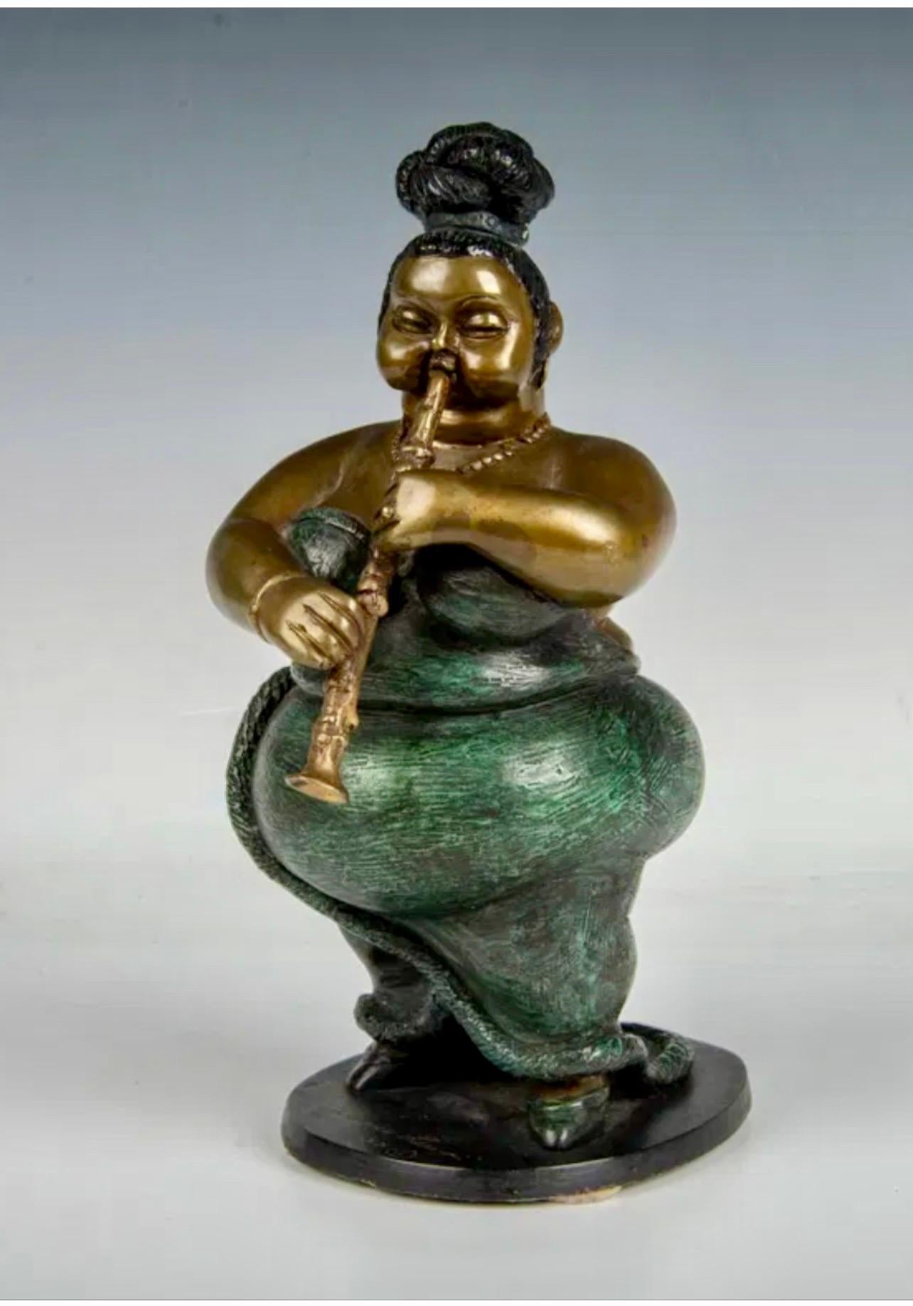 Escultura de Bronce Policromado Cantante de Club Nocturno de Jazz Clarinetista Bruno Luna