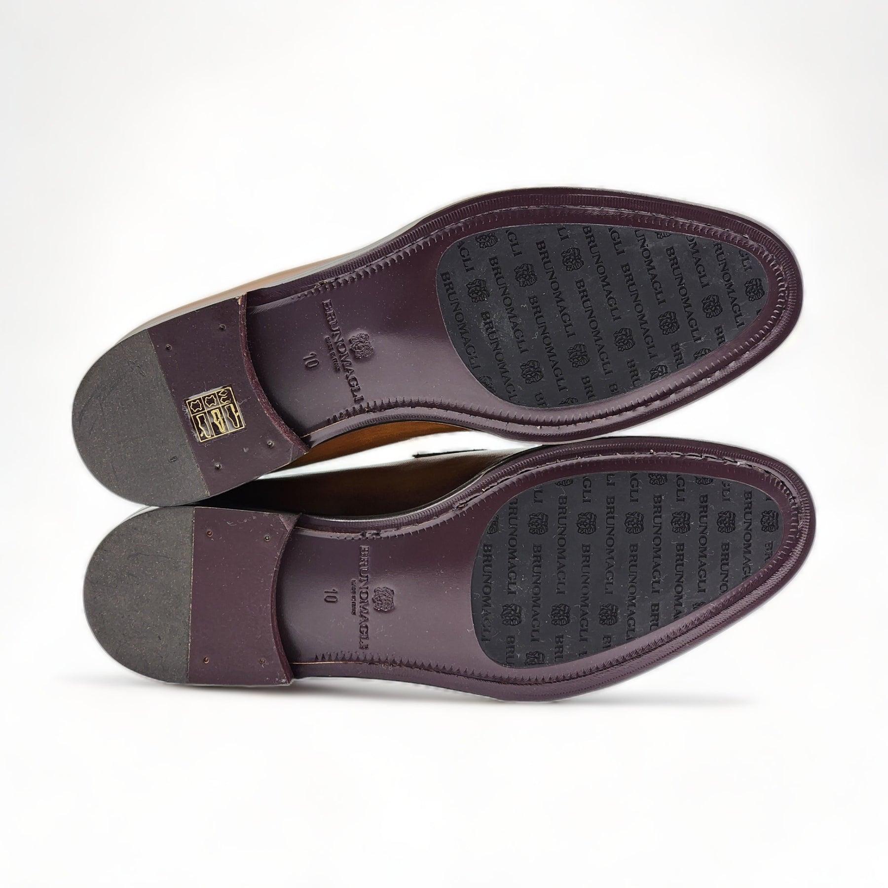 Bruno Magli Arezzo Burnished Leather Penny Loafer in Brown In Excellent Condition For Sale In Los Angeles, CA