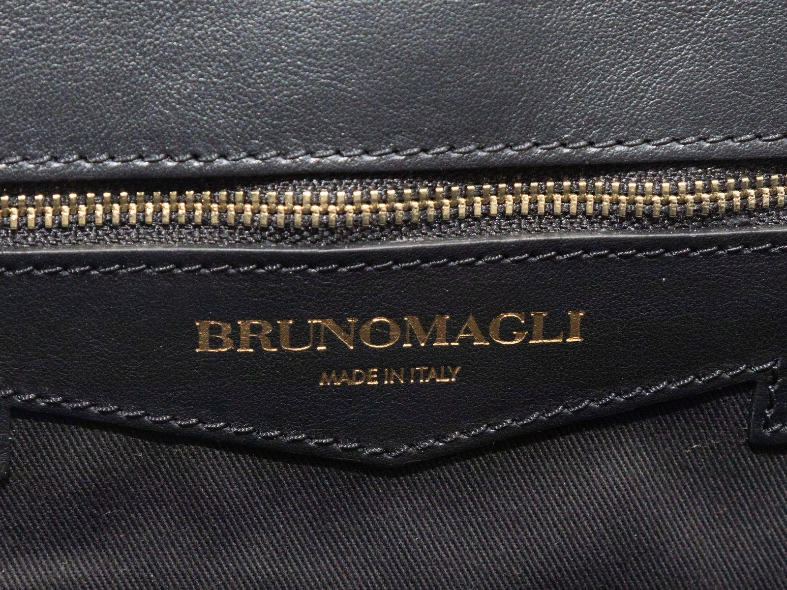 Product Details: Black Bruno Magli Leather Double Dowel Bag. This bag features a leather body, dual flat shoulder straps, gold-tone hardware, and a front strap closure. 13