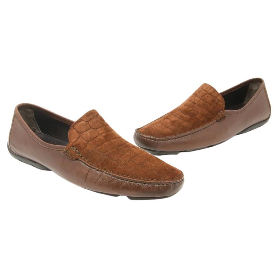 Bruno Magli Brown Signature Croc Embossed Moccasins Loafers Slip on Formal Shoes For Sale
