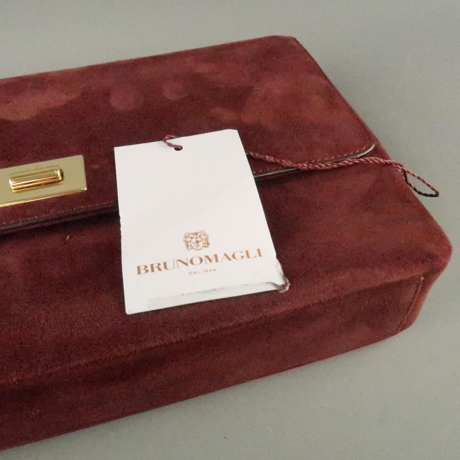 BRUNO MAGLI Burgundy Suede Flap Gold Turn Closure Clutch Handbag In Excellent Condition In San Francisco, CA