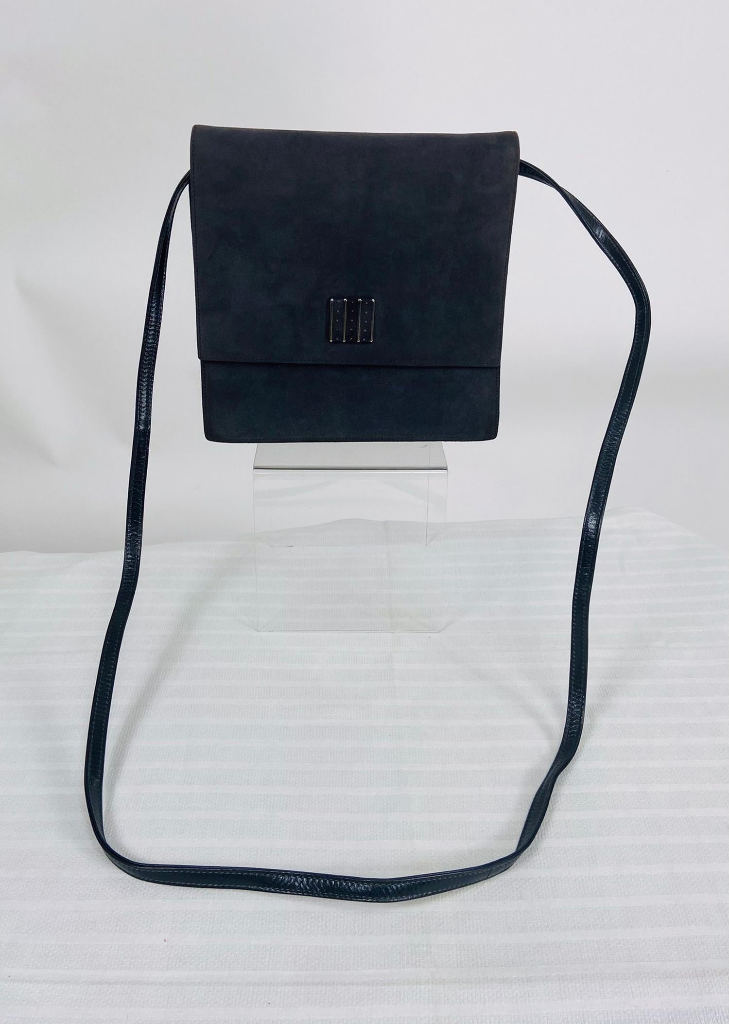 Women's or Men's Bruno Magli Grey Suede & Leather Flap Front Cross Body or Clutch Handbag For Sale