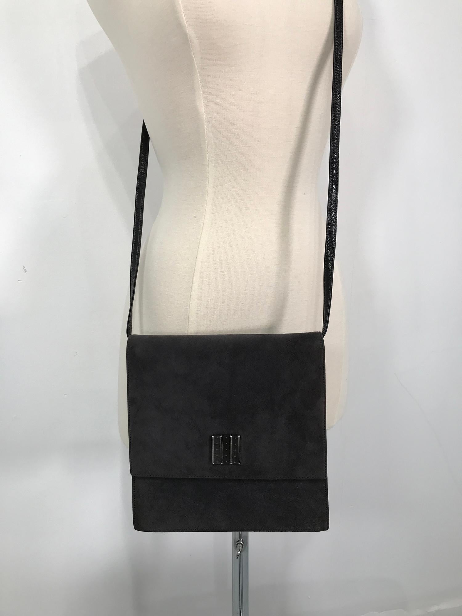 Bruno Magli Grey Suede & Leather Flap Front Cross Body or Clutch Handbag For Sale 1