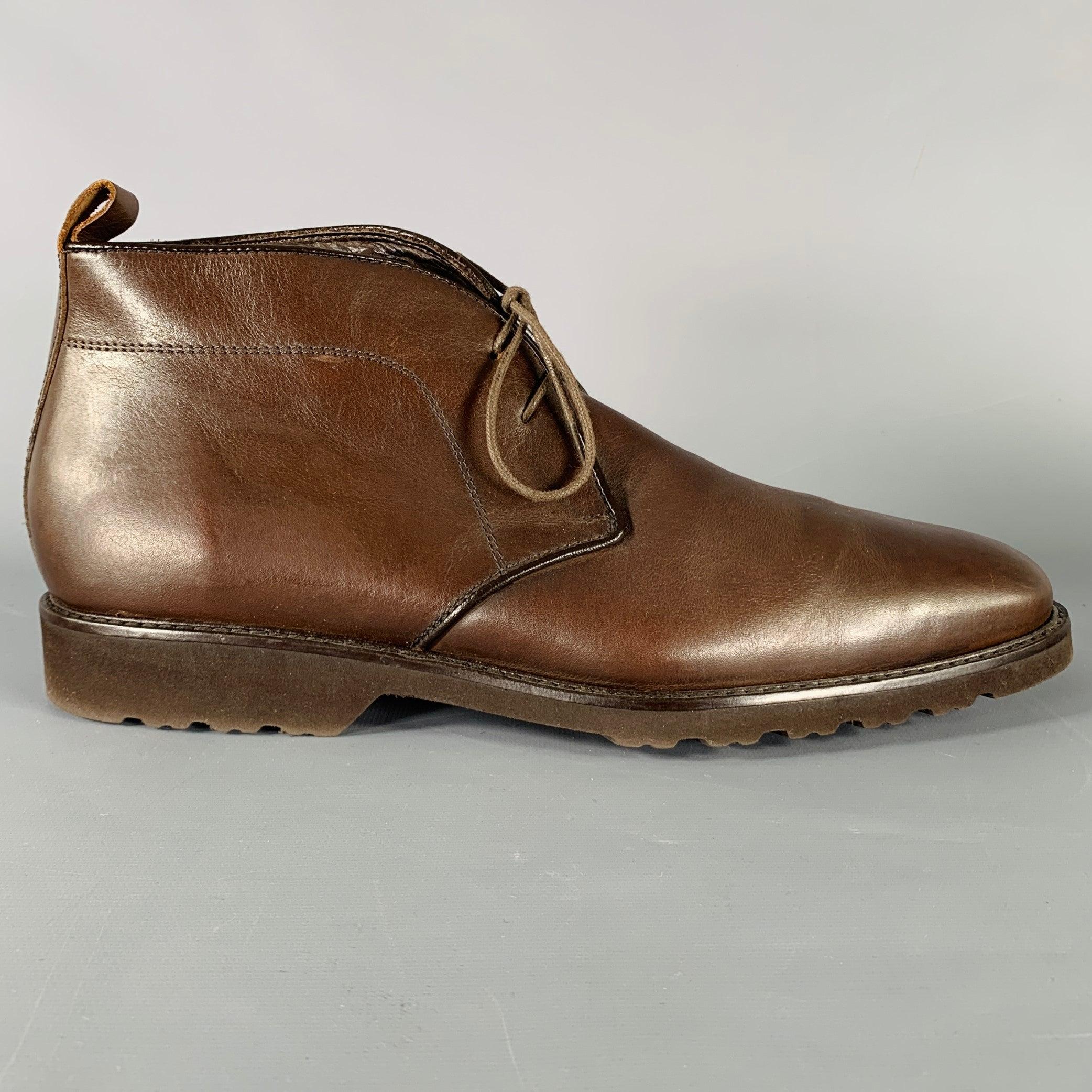 BRUNO MAGLI boots
in a brown leather fabric featuring an ankle height chukka style, and lace-up closure. Made in Italy.Very Good Pre-Owned Condition. Minor signs of wear. 

Marked:   WENDER MW5301 10 M 

Measurements: 
  Length: 12 inches Width: