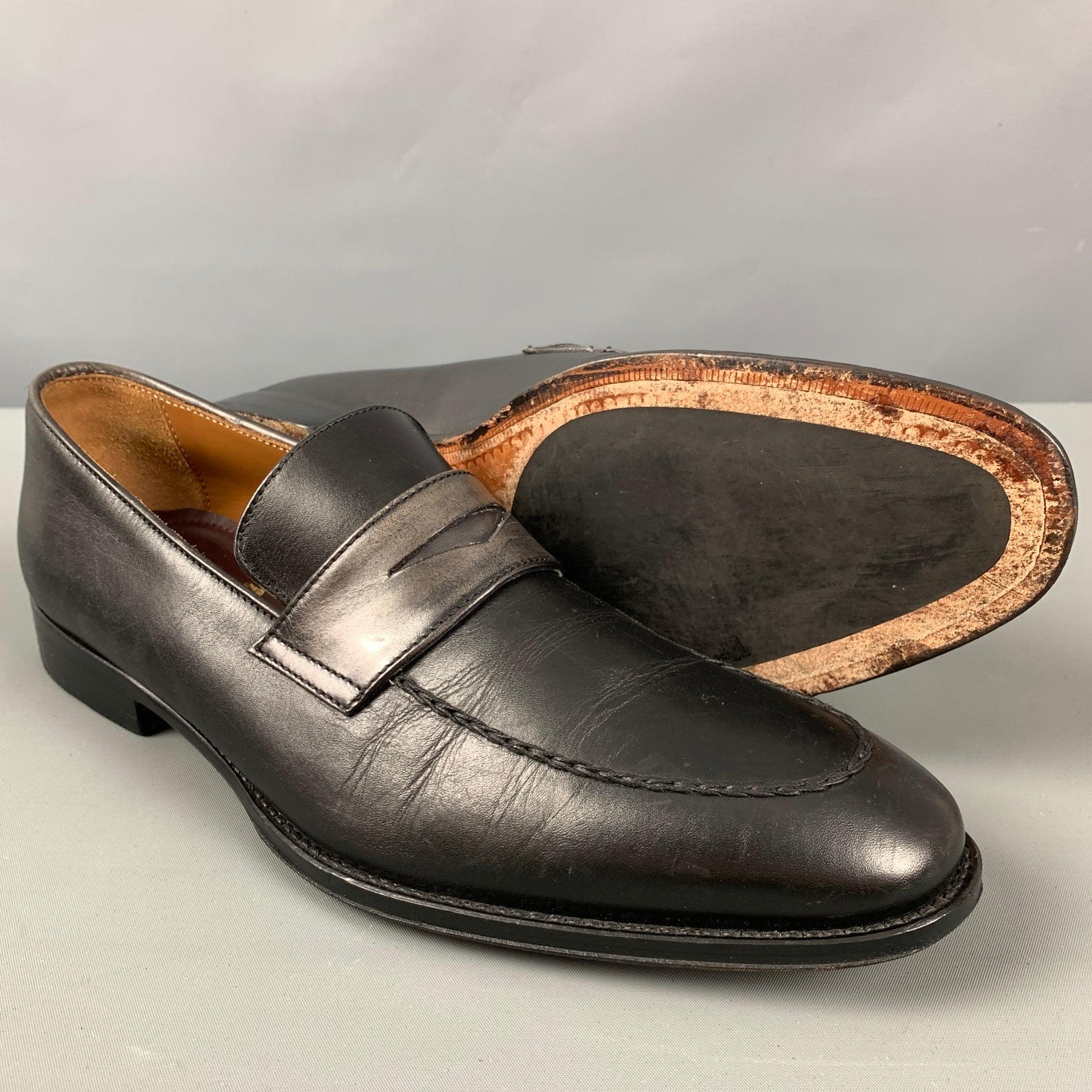 BRUNO MAGLI Size 10.5 Black Grey Leather Penny Loafers For Sale 1