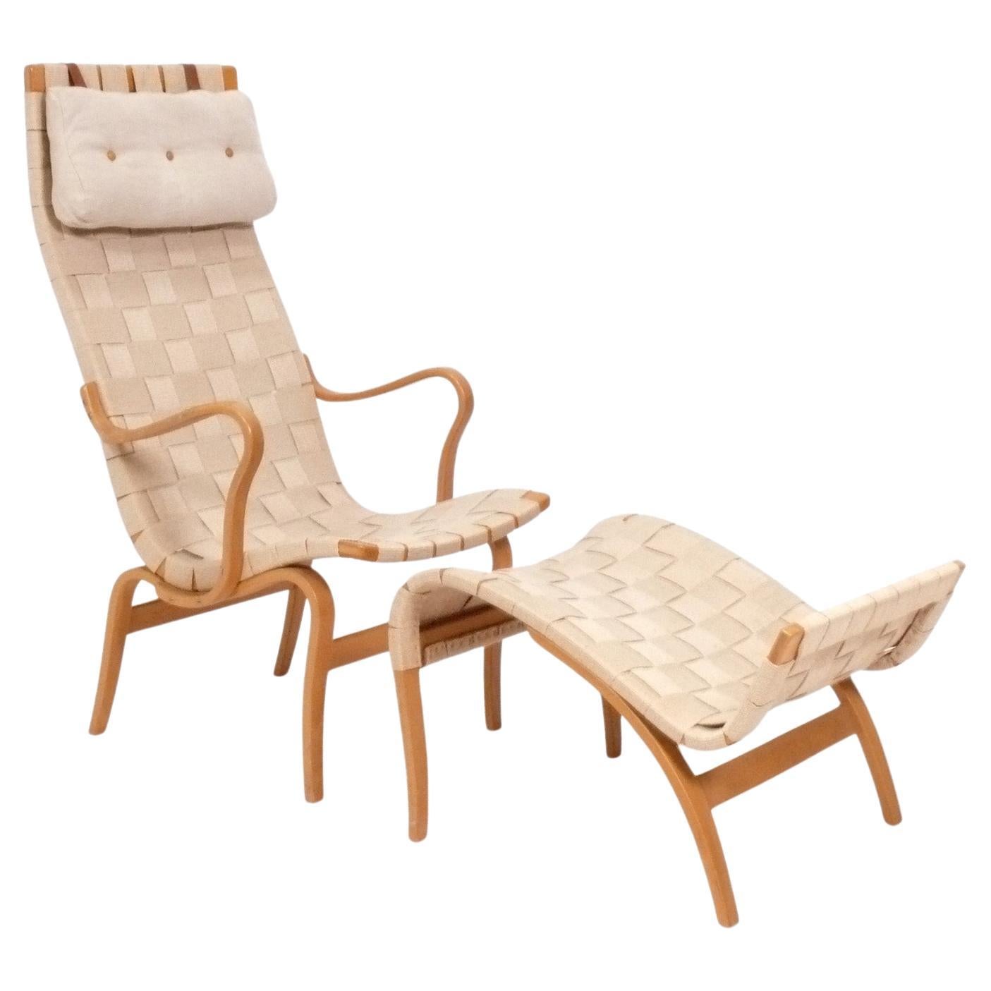 Bruno Mathsson Dänisch Modern Bugholz Sessel und Ottomane Midcentury Modern im Angebot